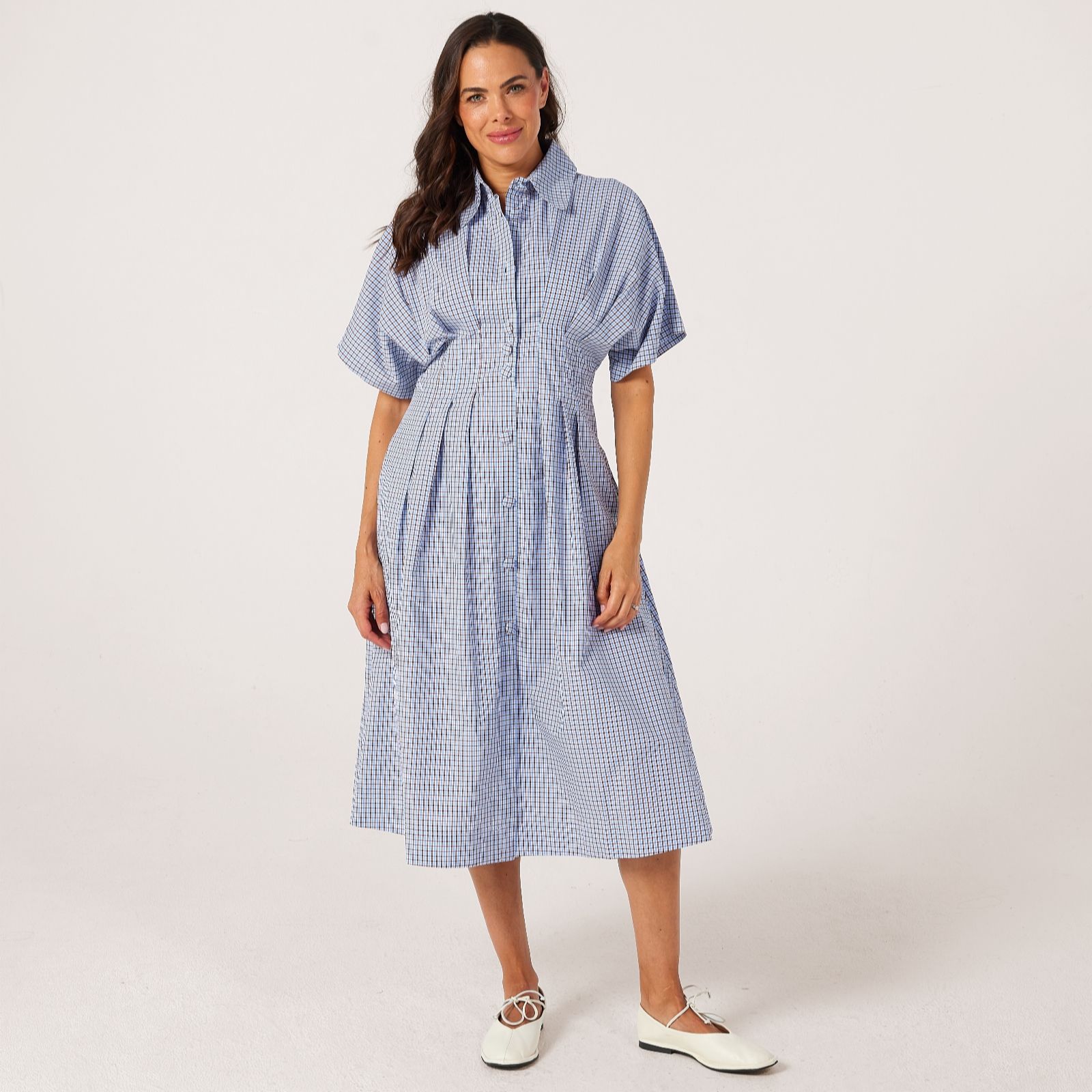 Helene Berman Blue Pleated Waisted Shirt Dress