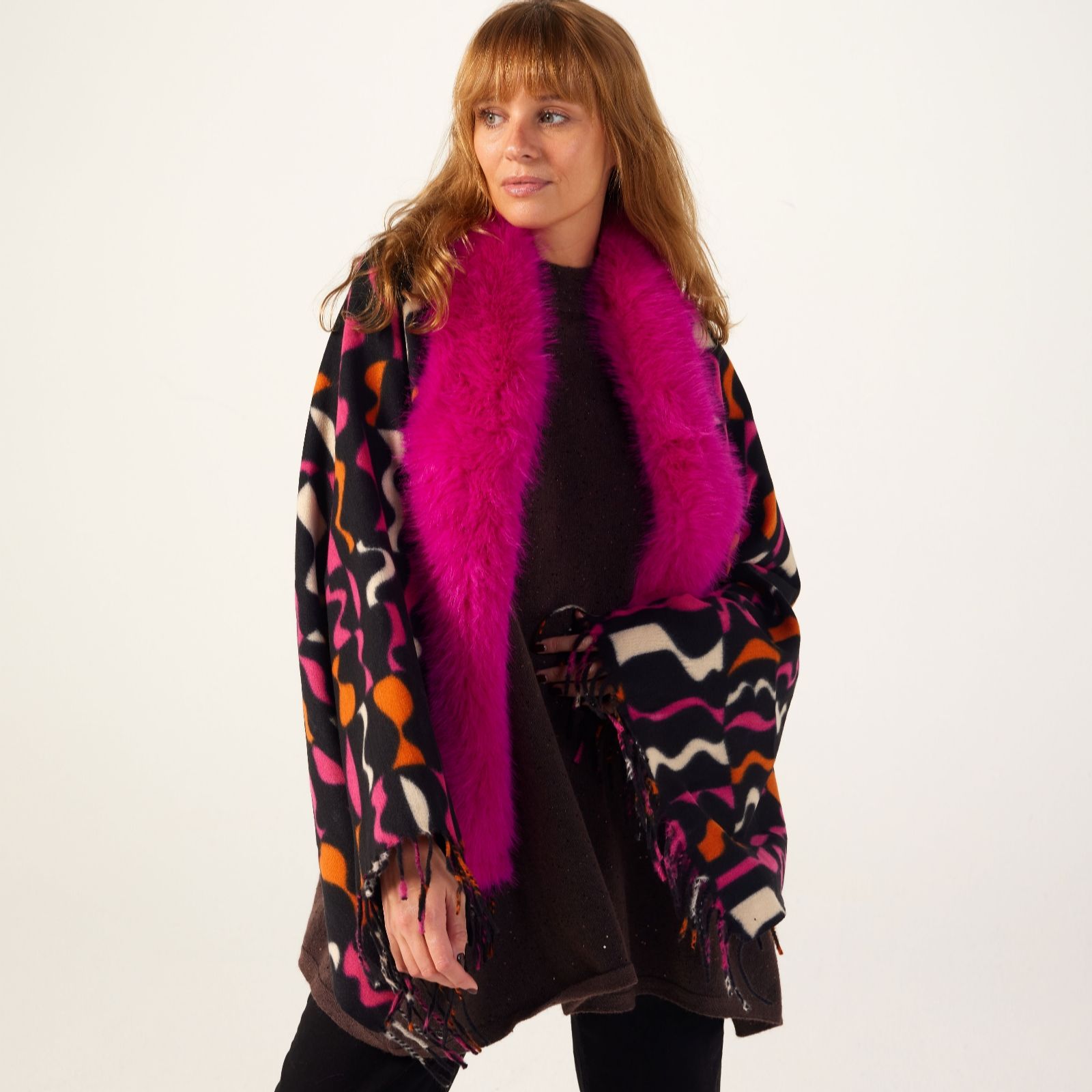 Malissa J Abstract Pattern Scarf with Faux Fur Detail and Tassels