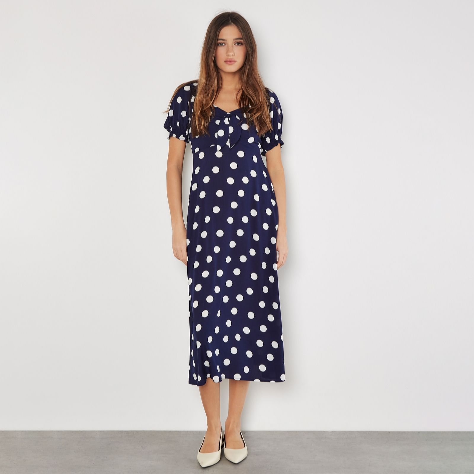 Apricot Big Spot Bow Detail Midi Dress