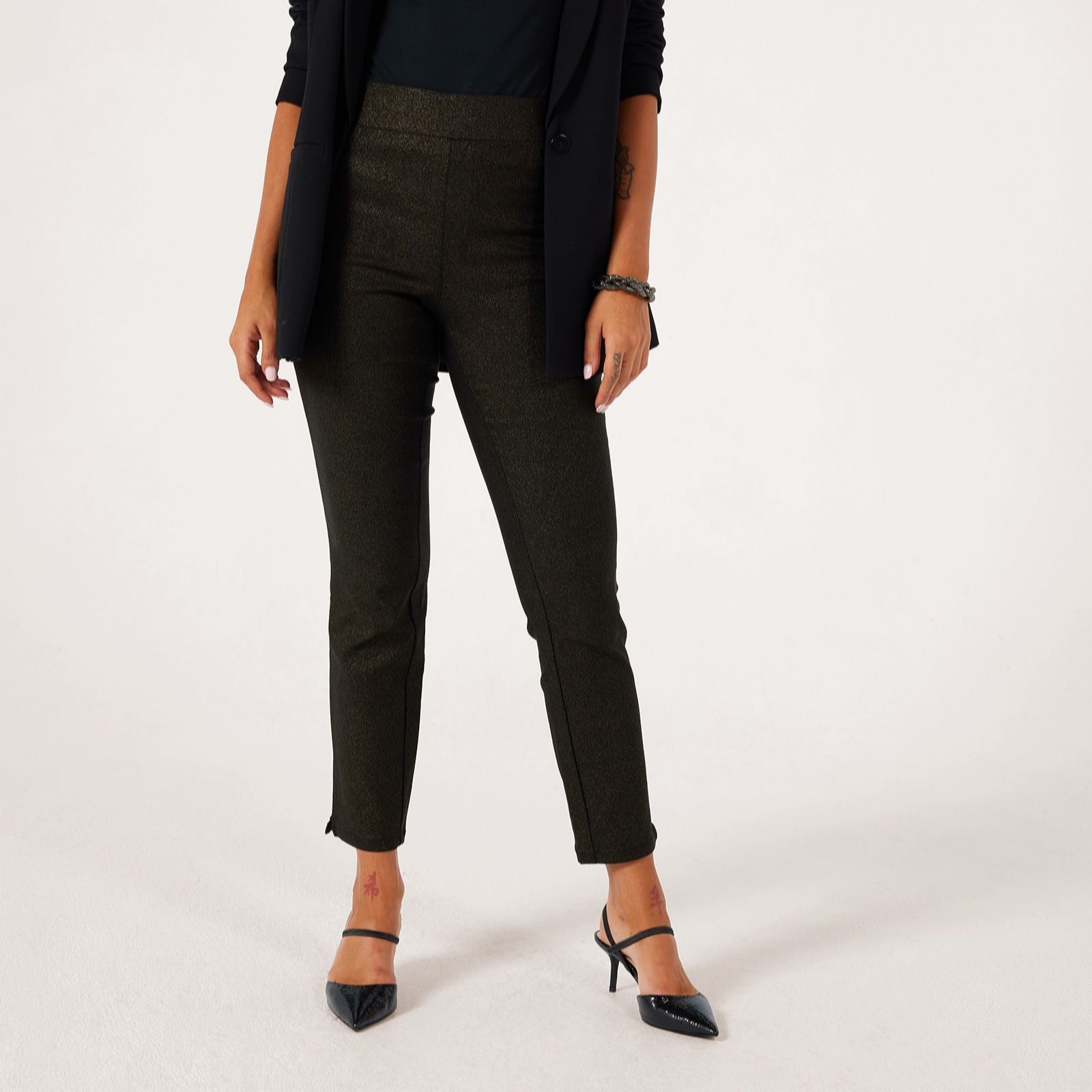Nina Leonard Black Foil Millenium Narrow Leg Pull-On Standard Trousers