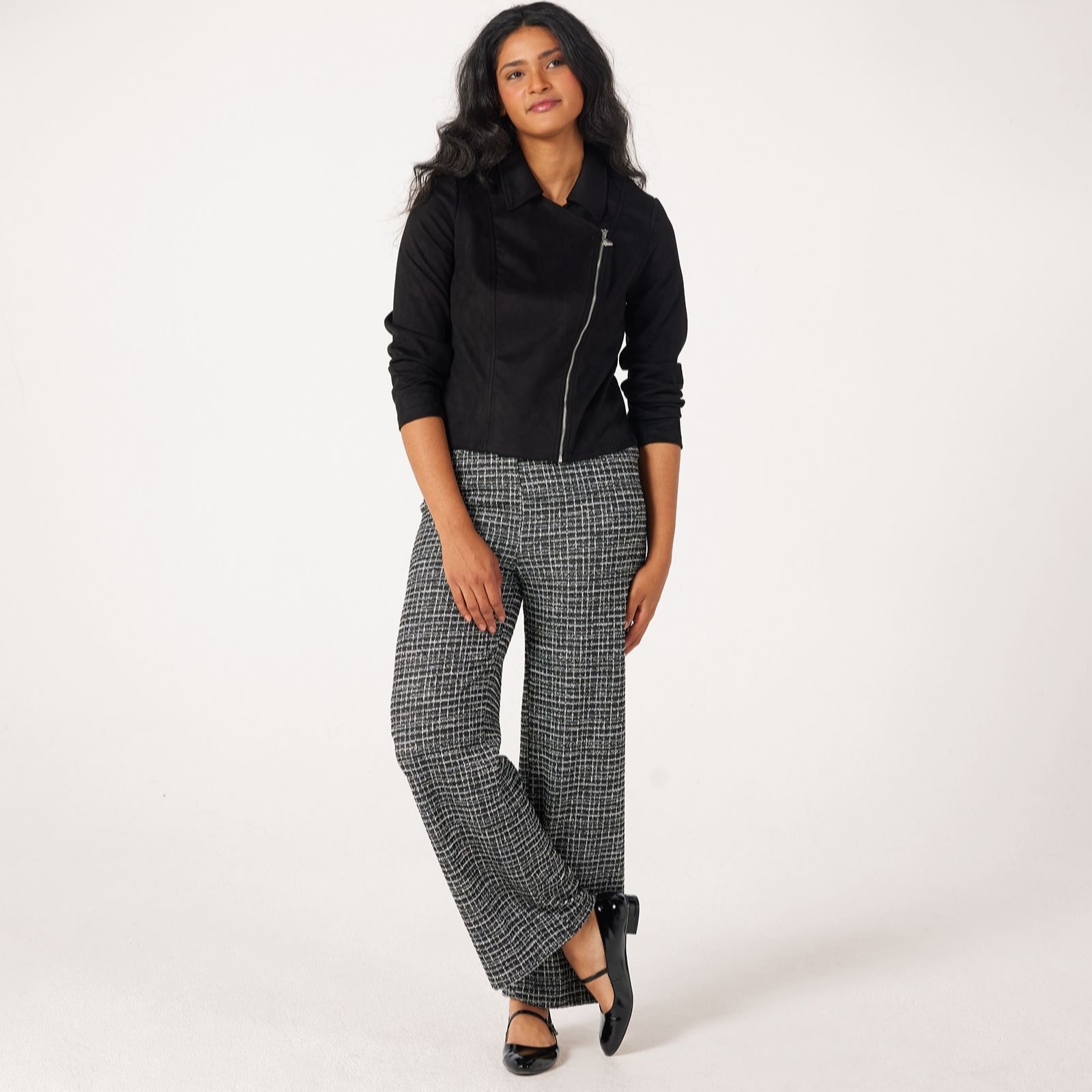 Kim & Co Black Multi Mini Plaid Boucle Knit Yelena Wide-Leg Trousers Petite