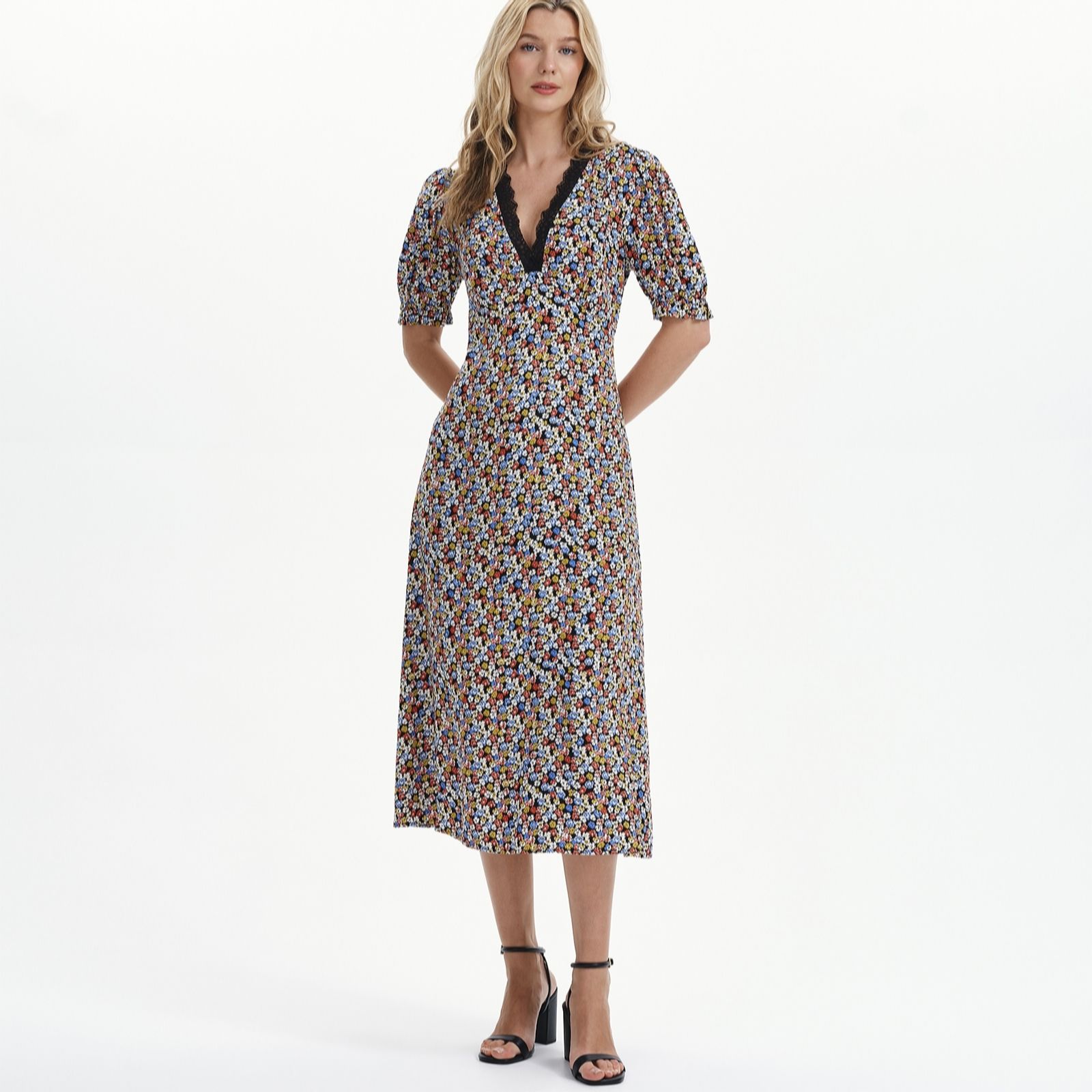 Finery London Elish Printed Dress with Lace Trim Petite women's