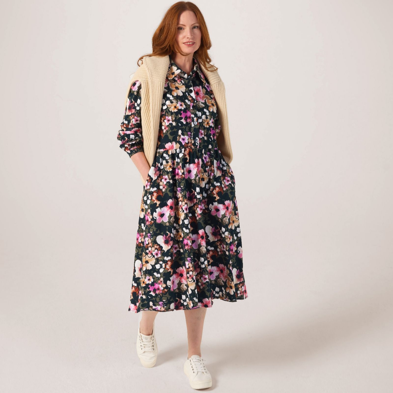 Helene Berman Floral Printed Jersey Shirt Dress