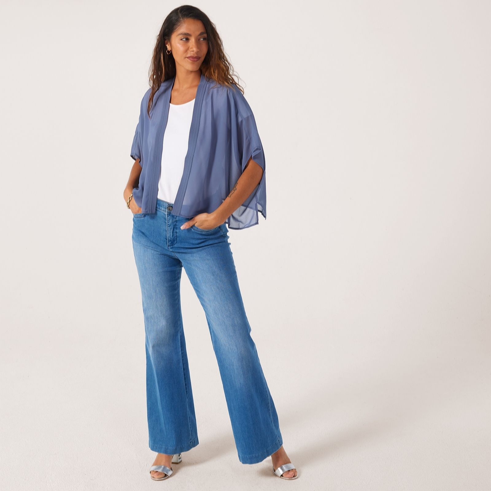 Marlawynne Dark Chambray Collection Chiffon Overlay Open Cardigan