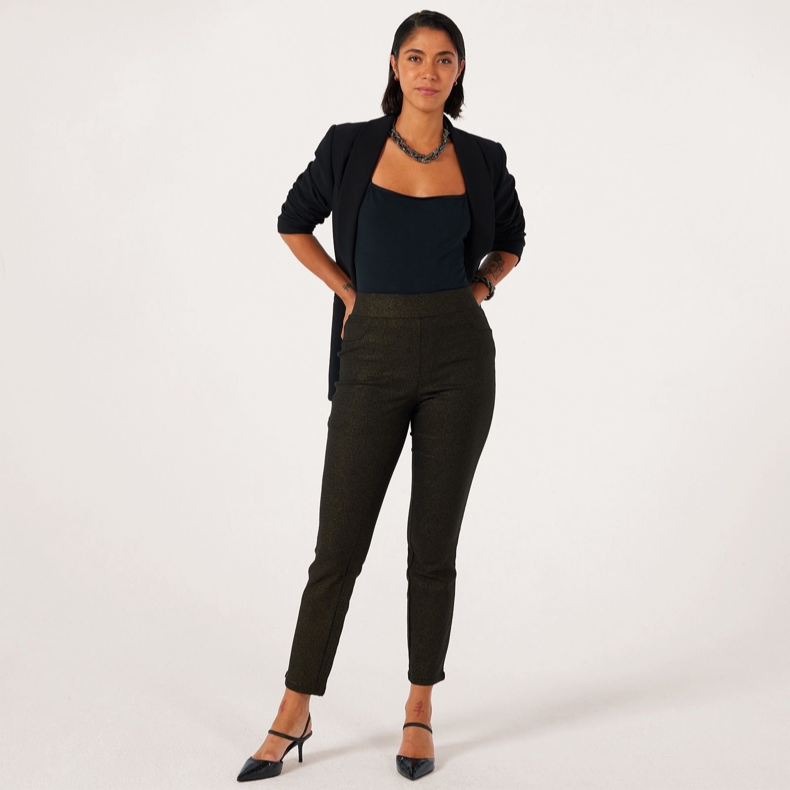 Nina Leonard Black Foil Millenium Narrow Leg Pull-On Petite Trousers