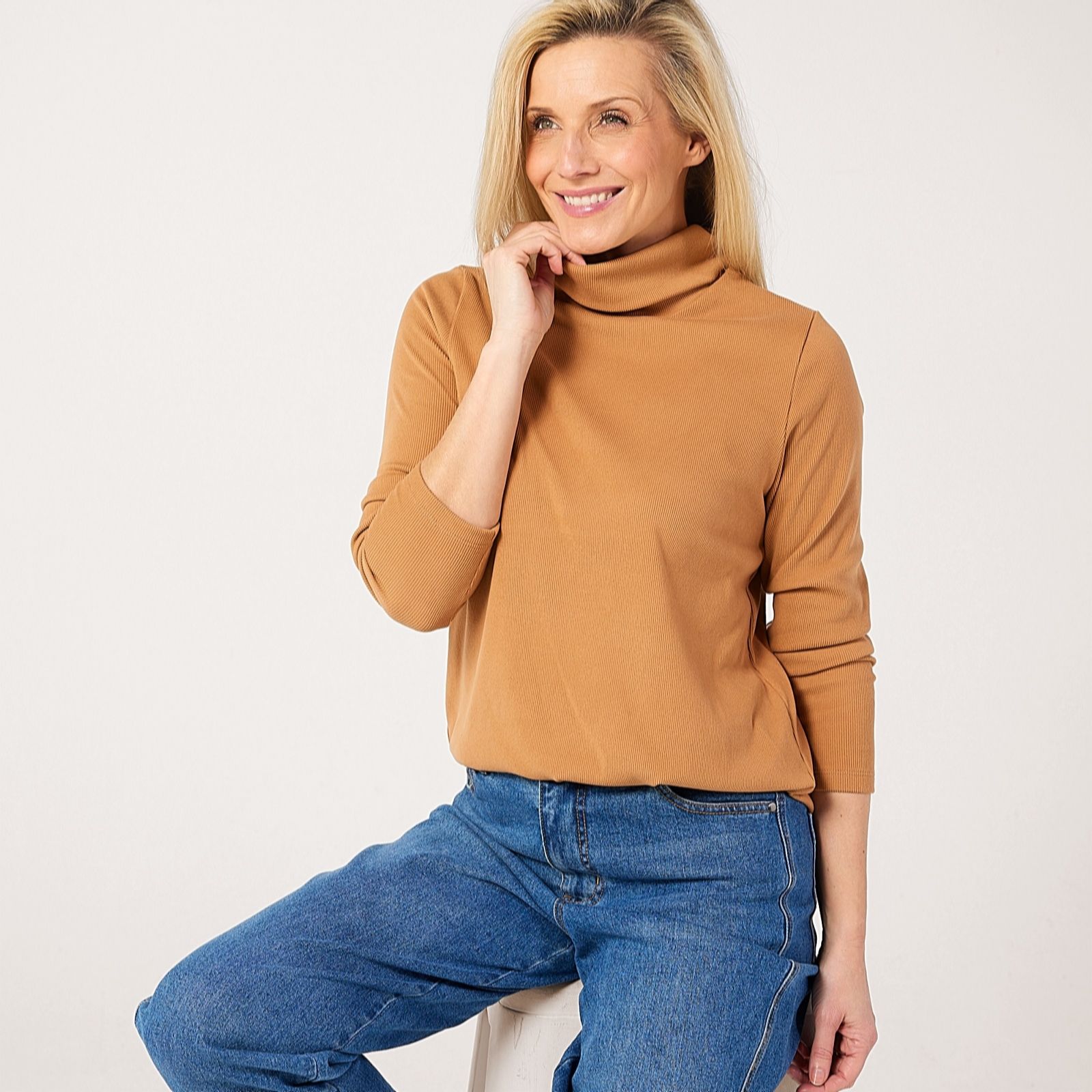Kim & Co Camel Soft Rib Knit Roll Neck Tunic