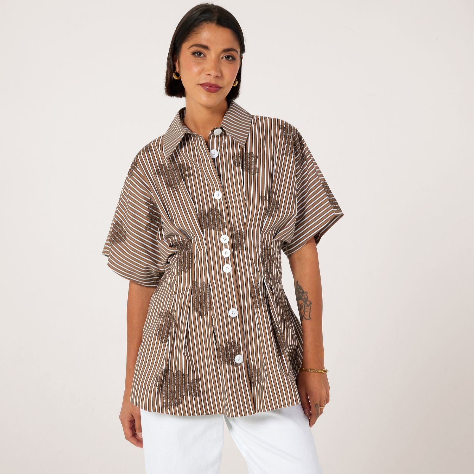 Helene Berman Blue 100% Cotton Stripe With Floral Print Blouse