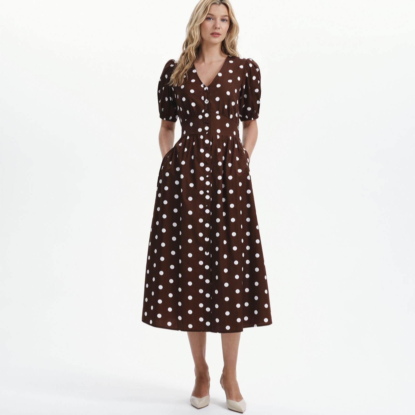 Addison Brown Polka Dot Cotton Button-Through Smock Midi Dress Size: 8R