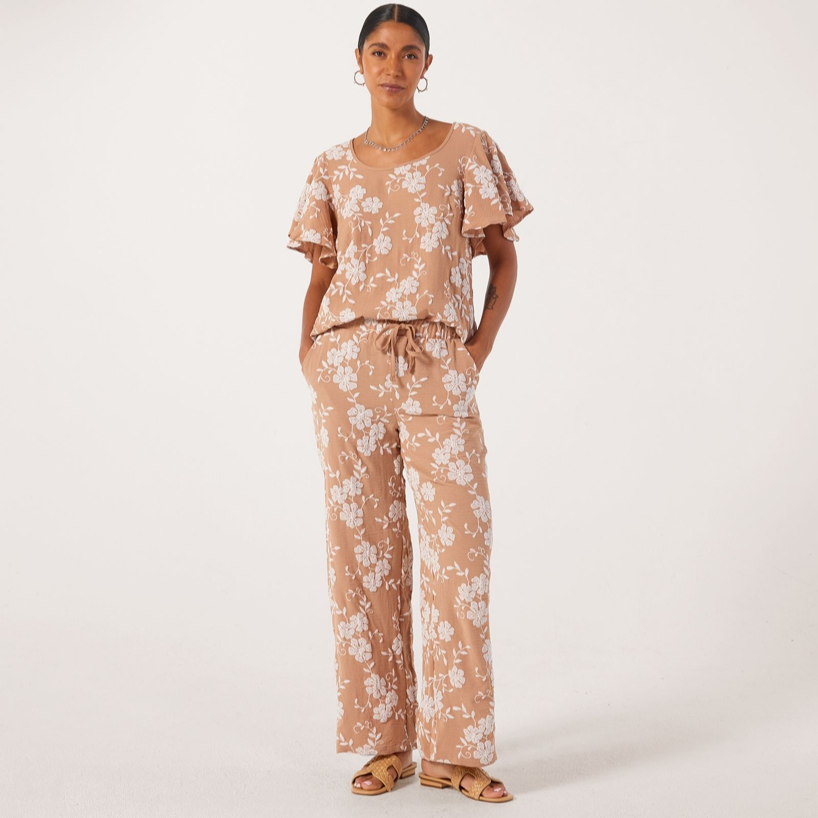 Nina Leonard Praline Drawstring Wide Leg Pocket Trousers In Linen Feel Print