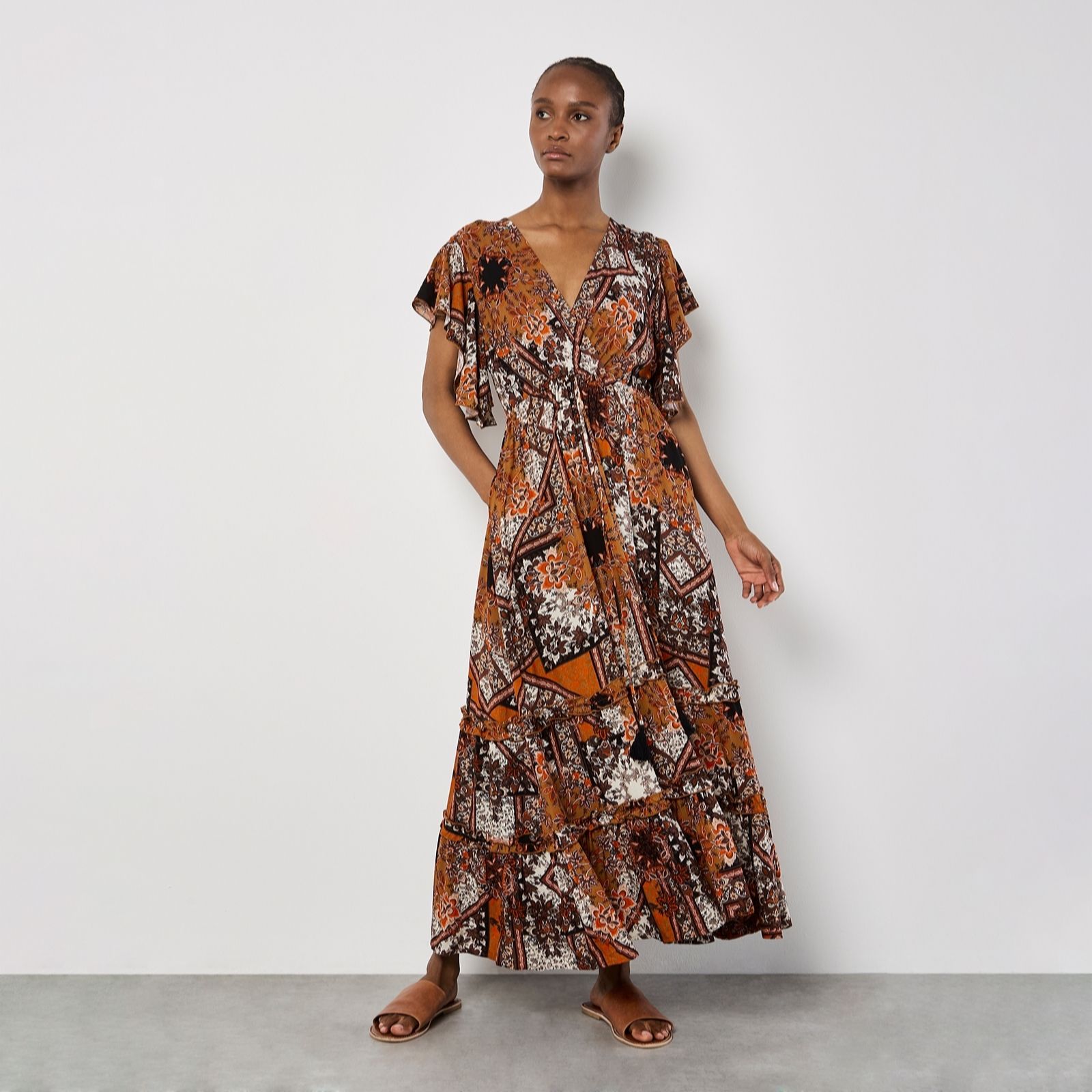 Apricot Blue Patchwork Scarf Ruffle Tiered Midi Dress