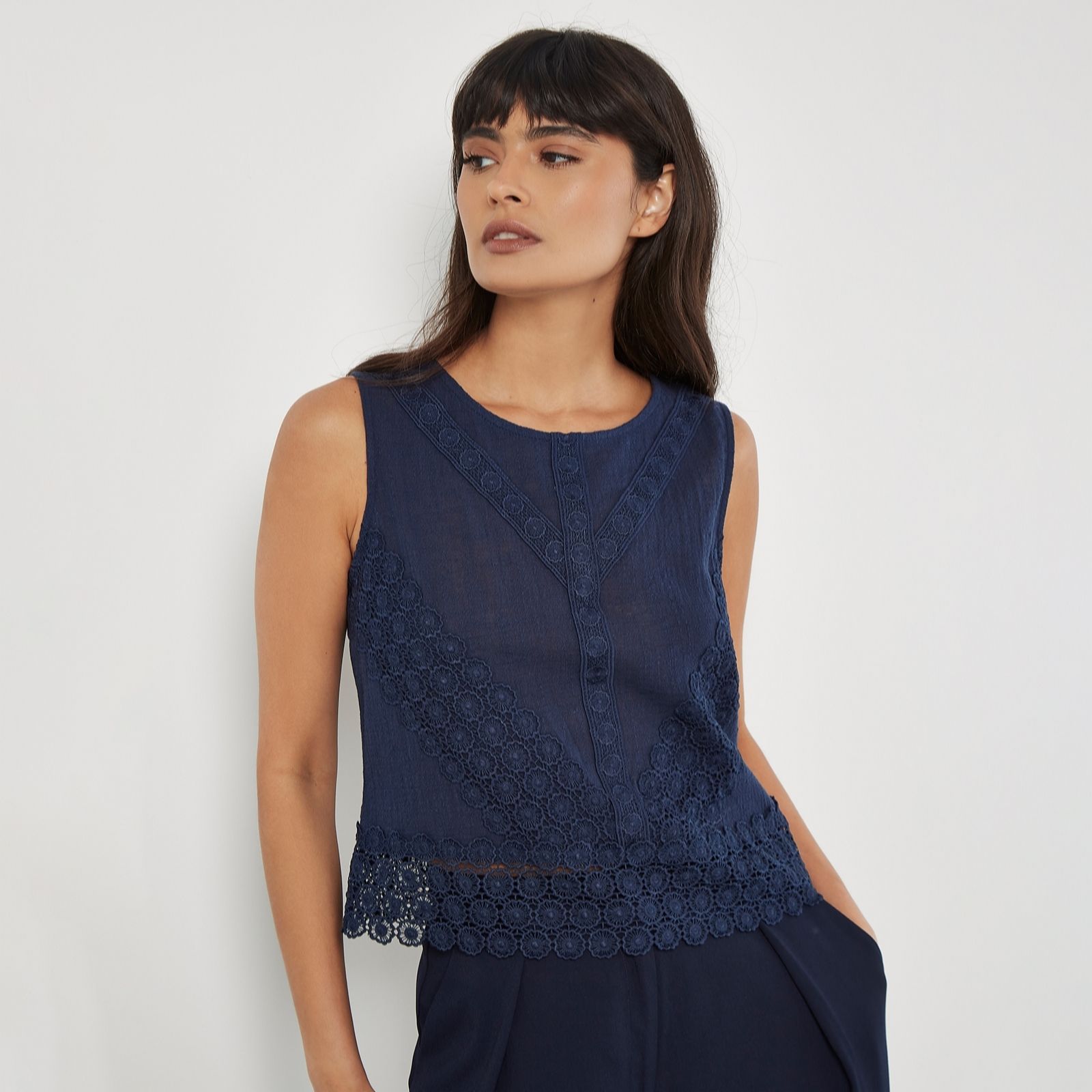 Apricot Navy Lace Hem Back Bow Cotton Top