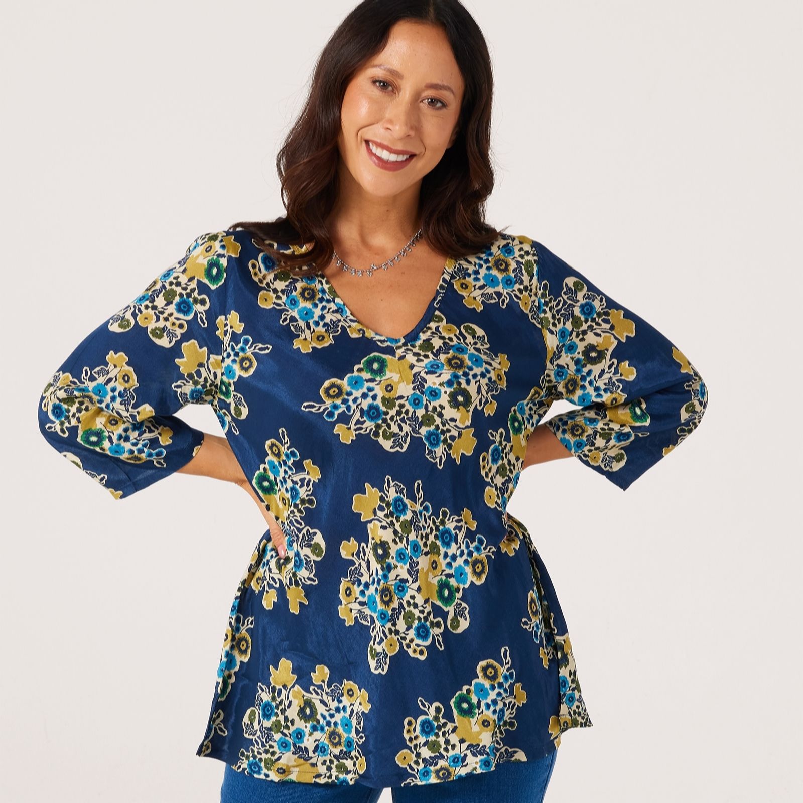 Masai Copenhagen Indigo Floral Kata Printed Shantung Bias Cut Top