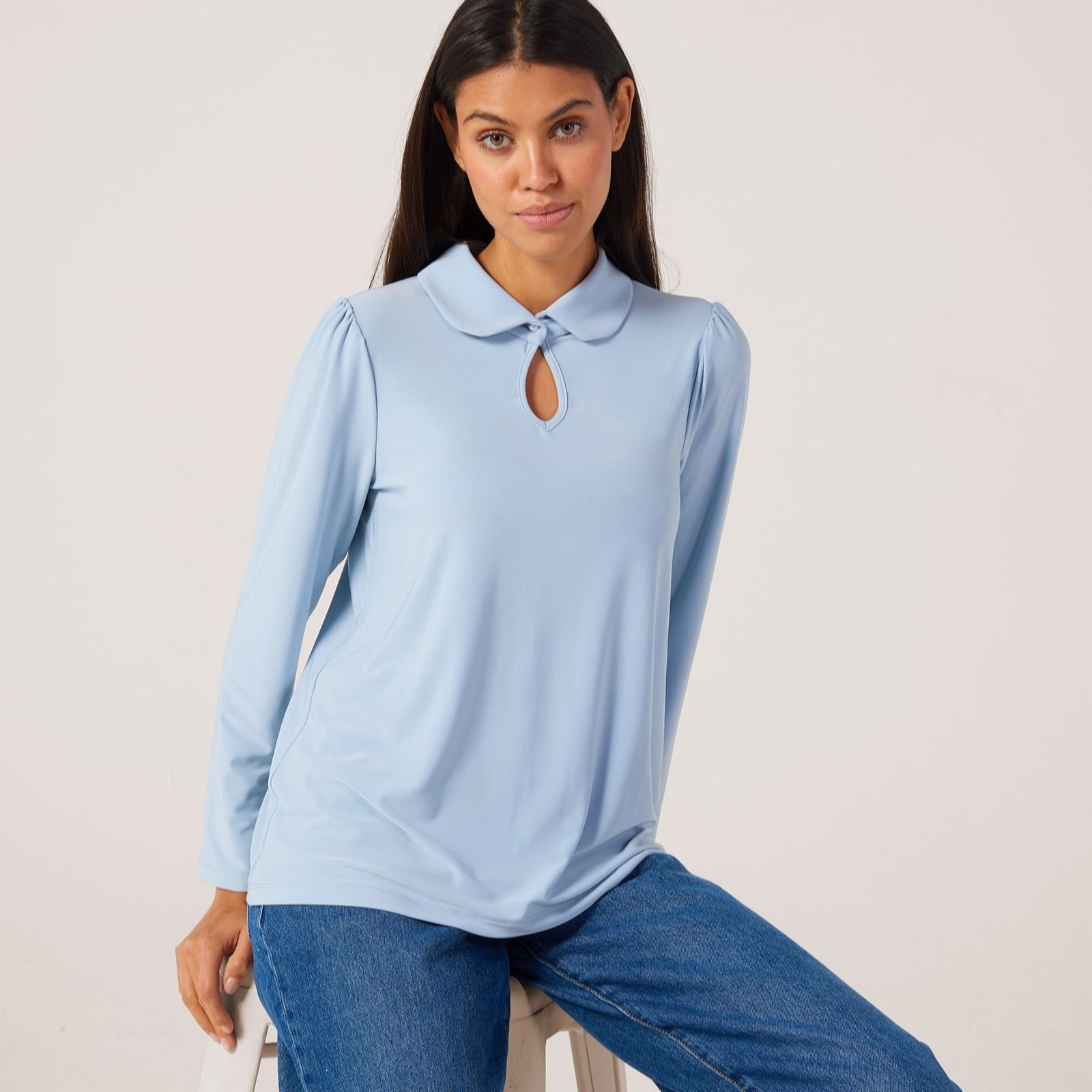Kim & Co Dusky Blue Deluxe Brazil Jersey Peter Pan Collar Top