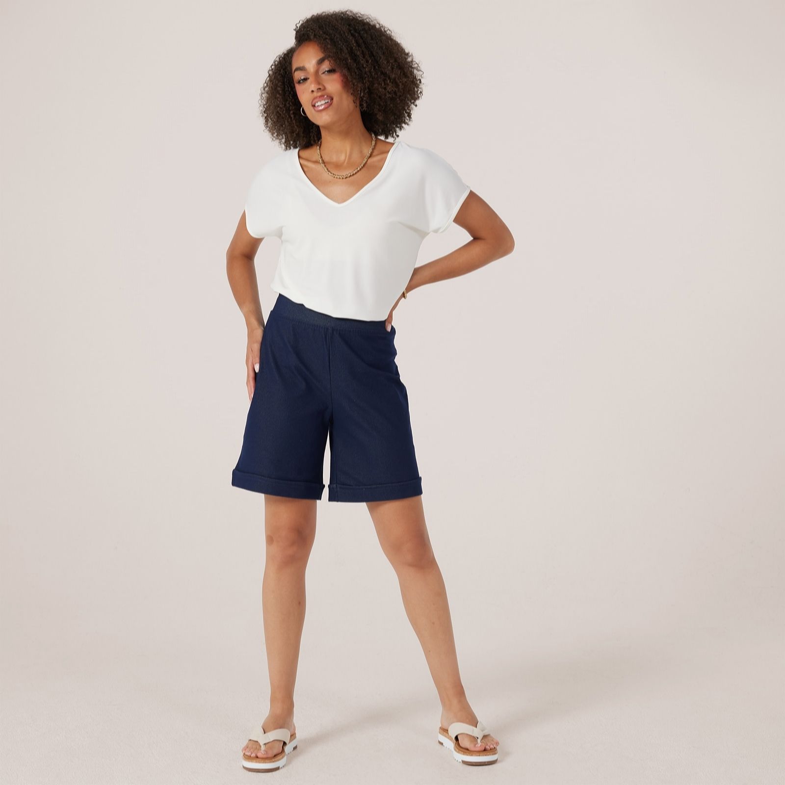 Kim & Co Celadon Deluxe Denim Knit Louise Shorts With Contrast Stitching