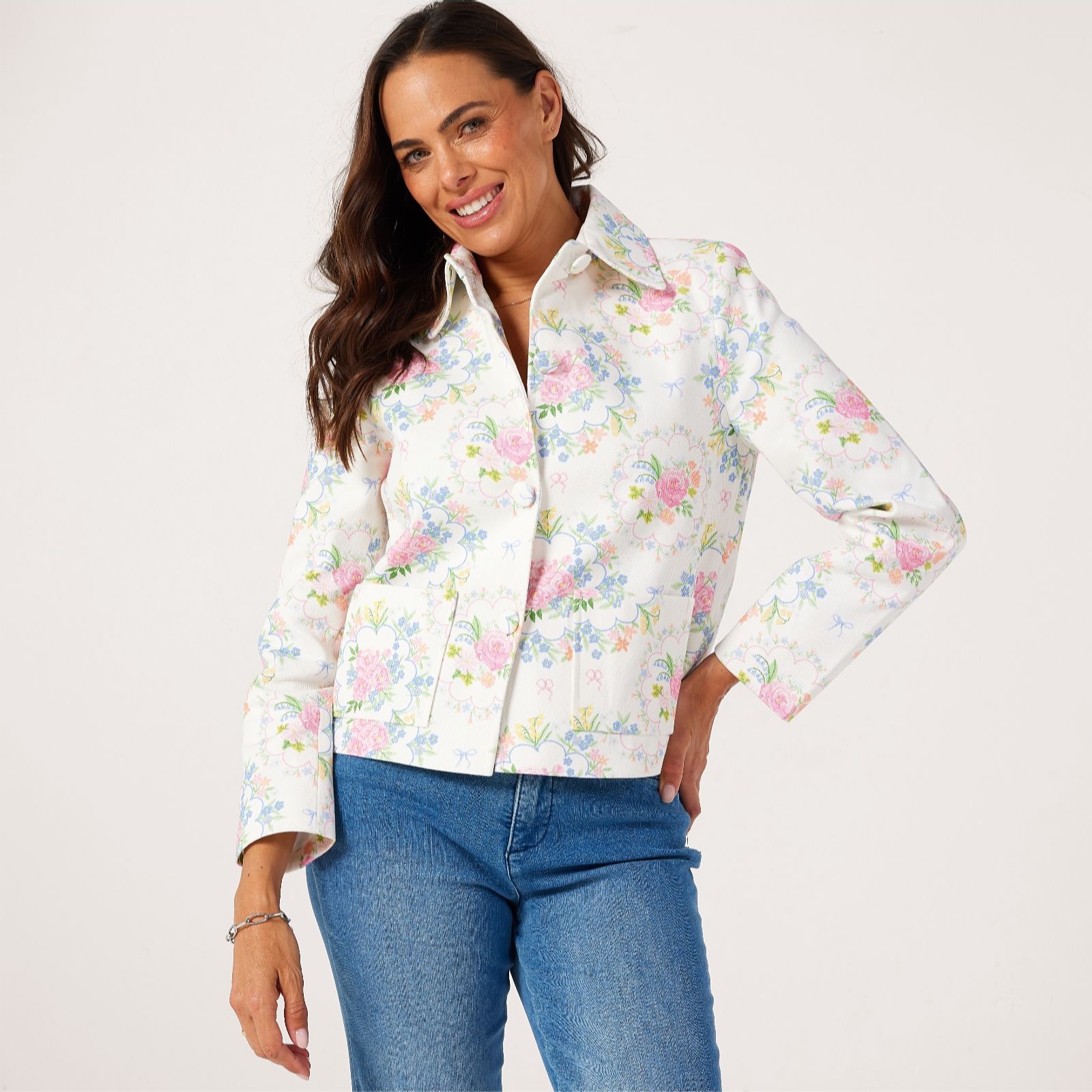 Helene Berman Floral Summer Corsage Cotton Denim Jacket