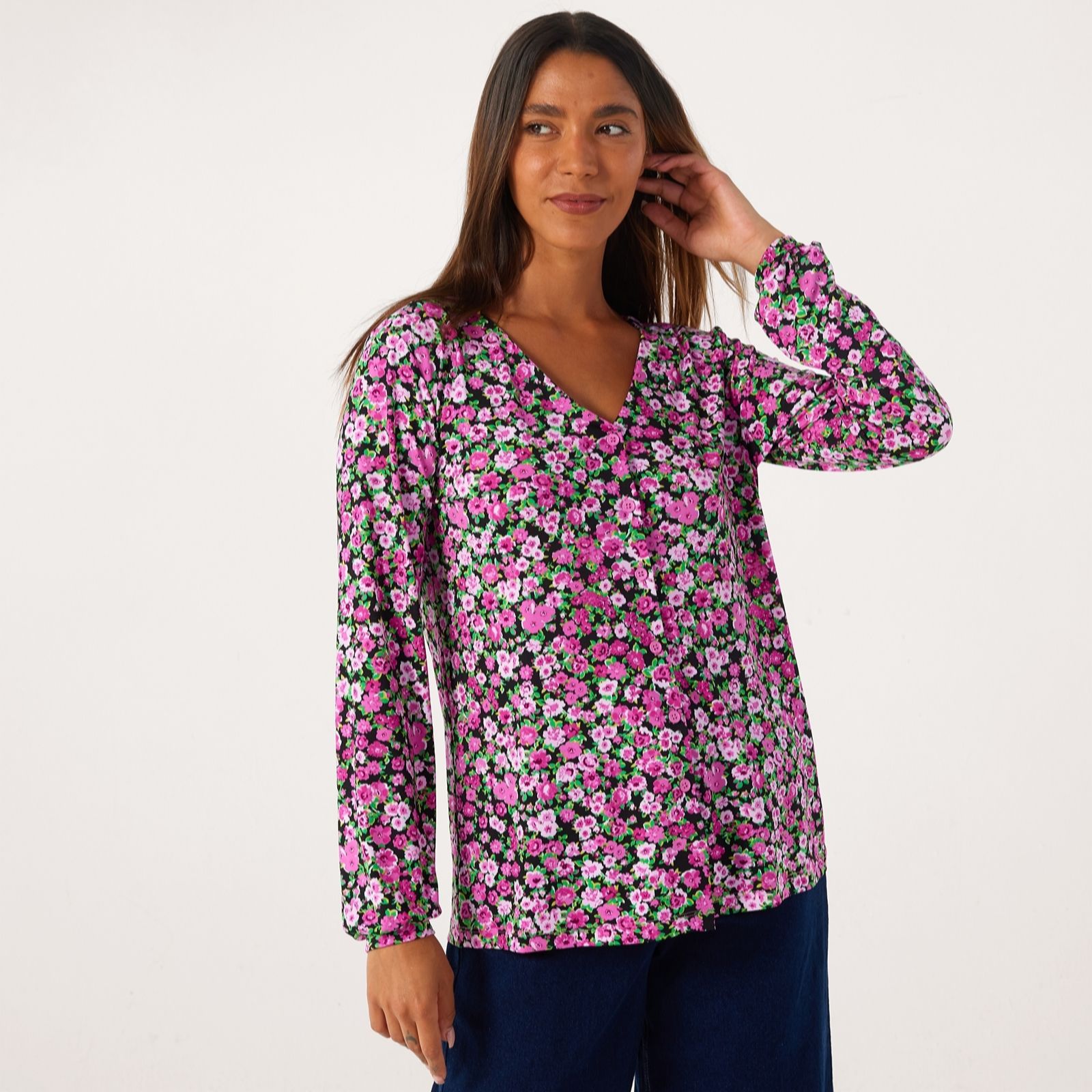 Kim & Co Printed Brazil Jersey Button Front Blouse women's