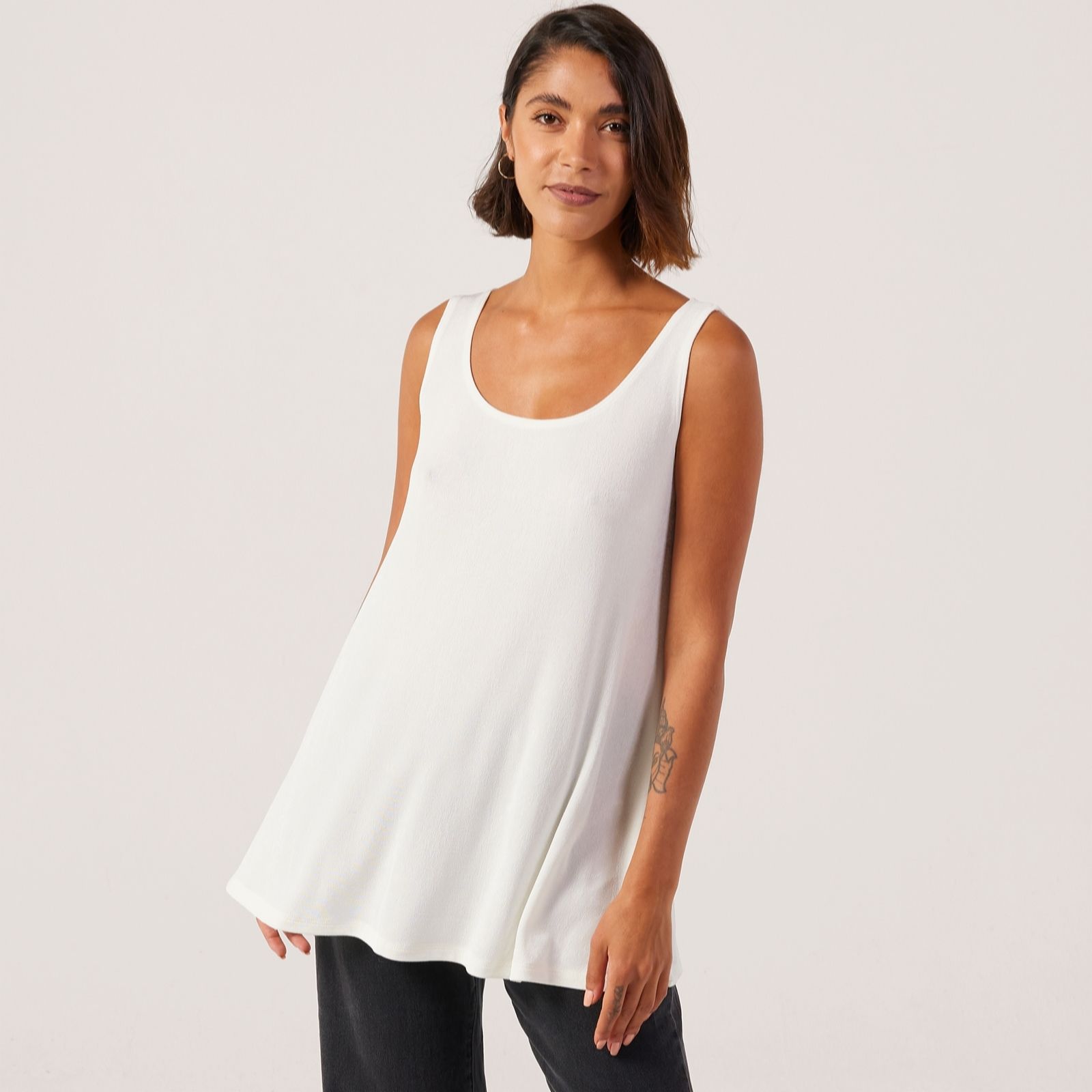 Kim & Co Black Poly Slinky Sleeveless Flared Tunic