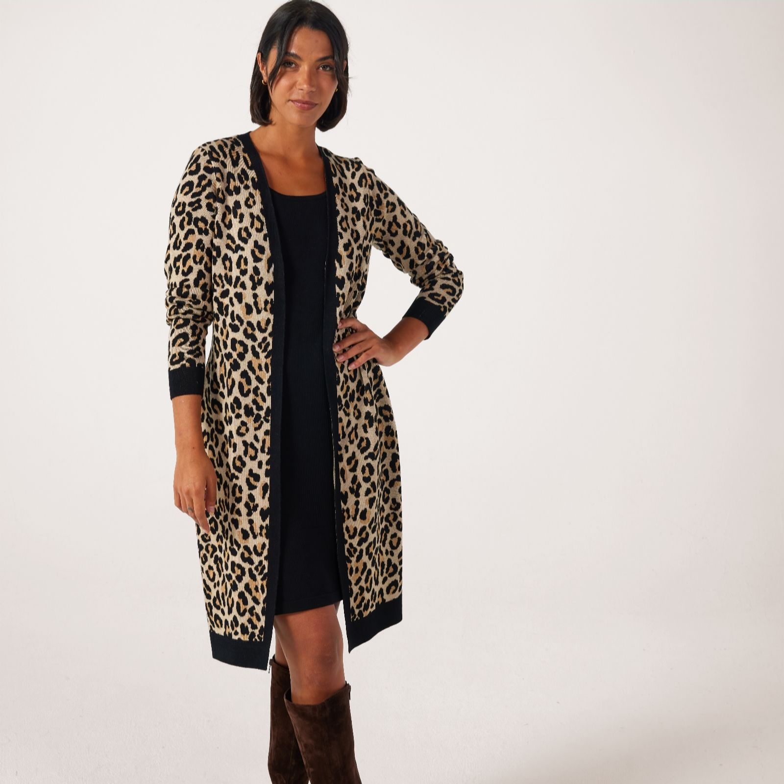 Nina Leonard Black Multi Twofer Jacquard Knit Longline Dress Cardigan