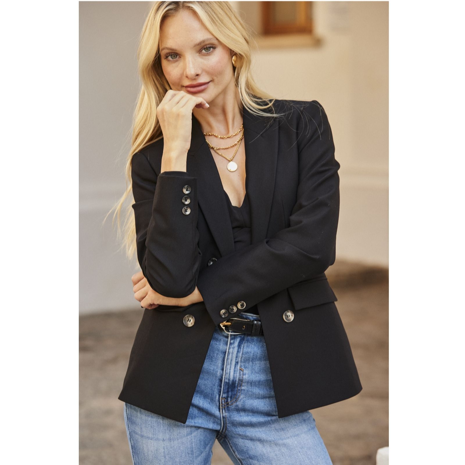 Sosandar Black Mock Double Breasted Blazer