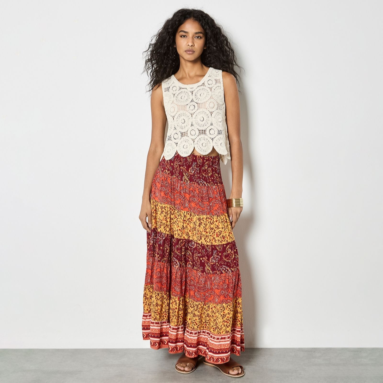 Apricot Orange Multi Tier Patchwork Print Skirt