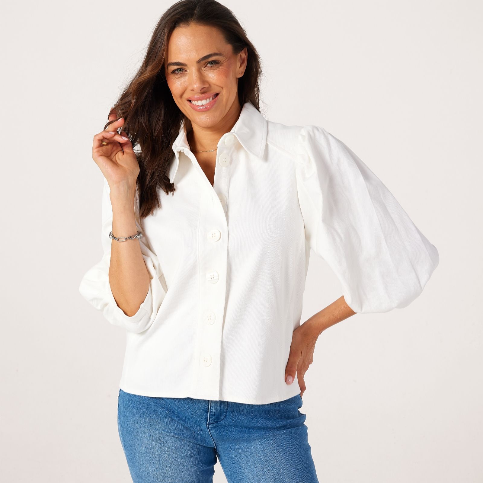 Helene Berman White Puff Sleeve Cotton Denim Jacket
