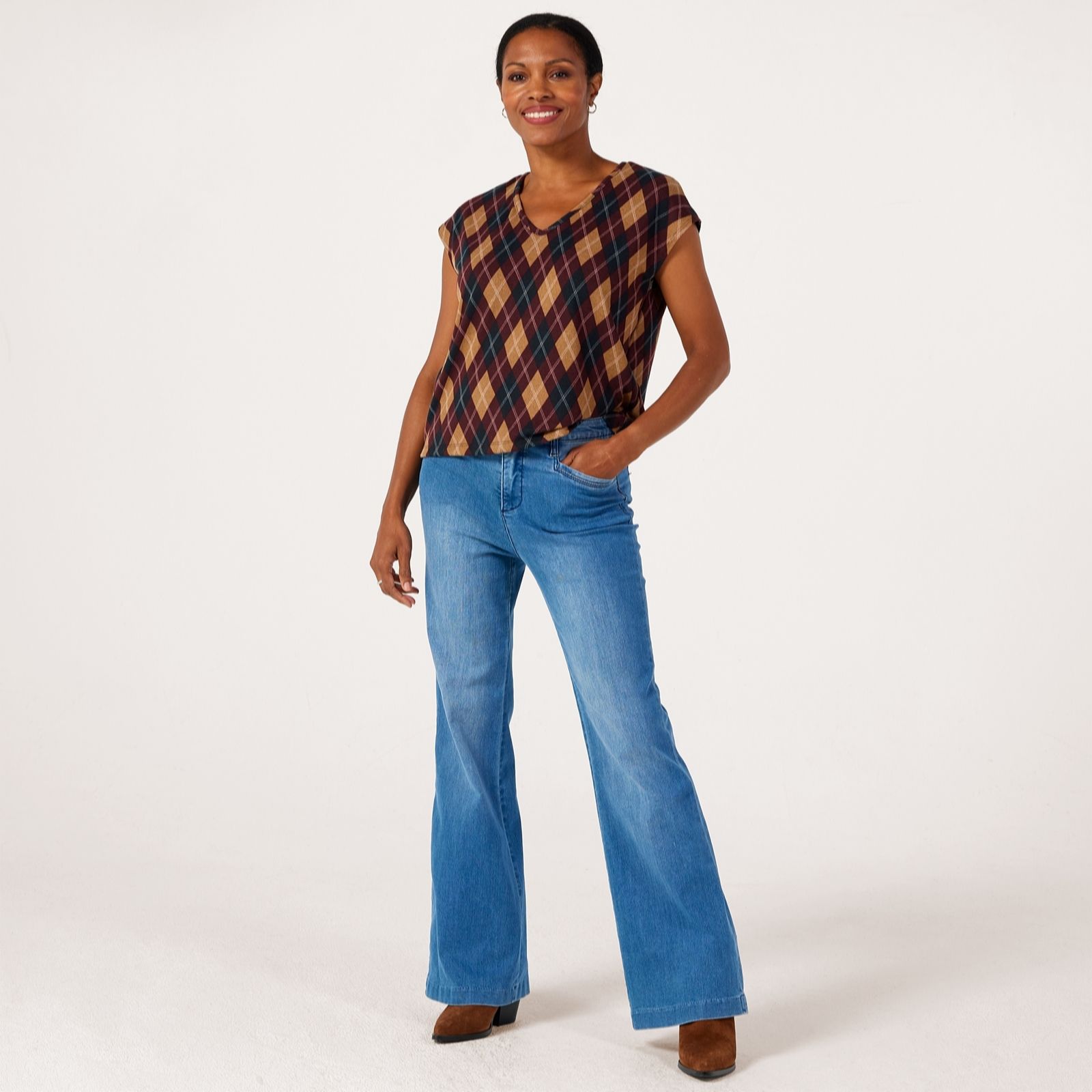 Kim & Co Bordeaux Multi Printed Soft Touch Argyle Print Knit Vest