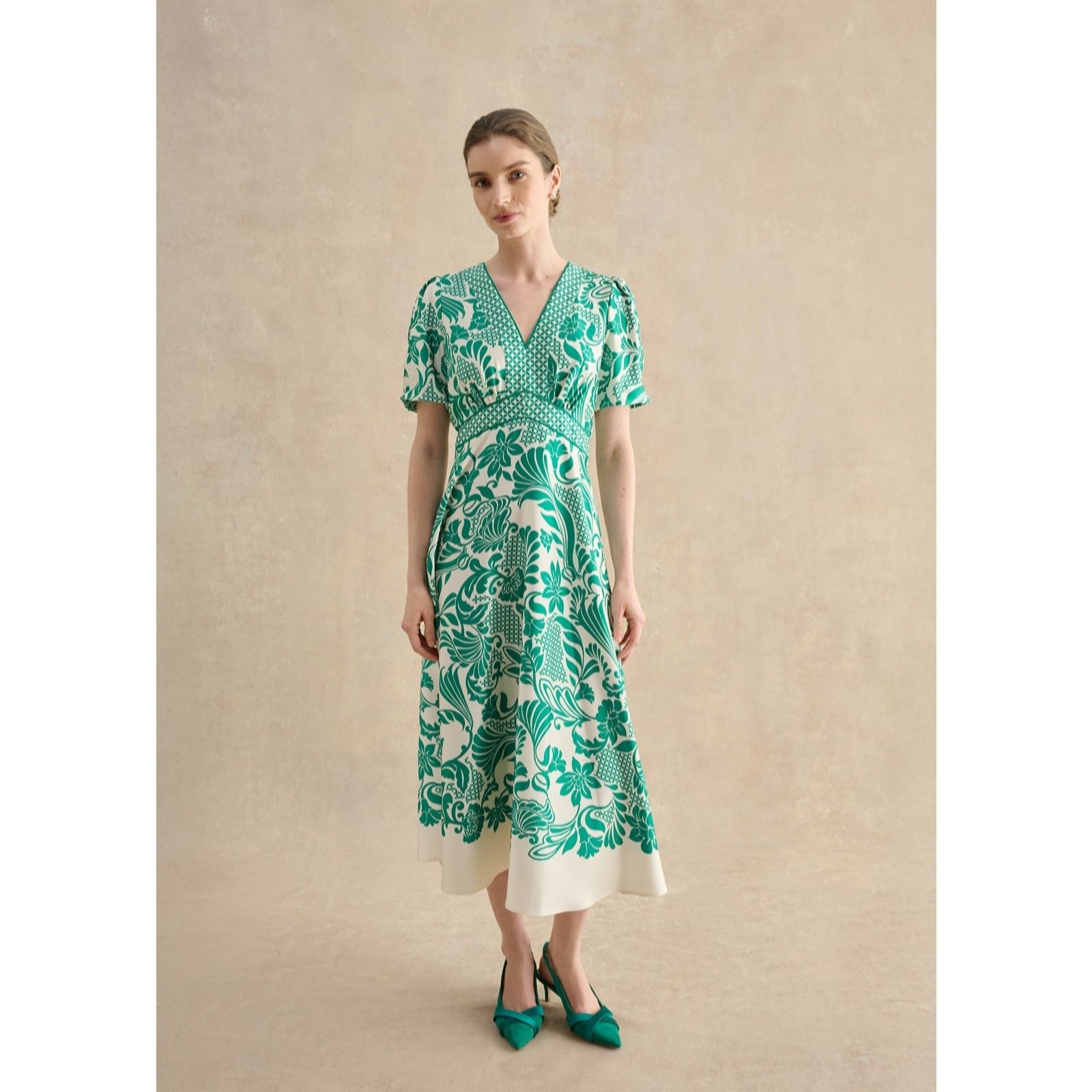 Hobbs London Green Cream Trelissick Satin Mix Dress Standard
