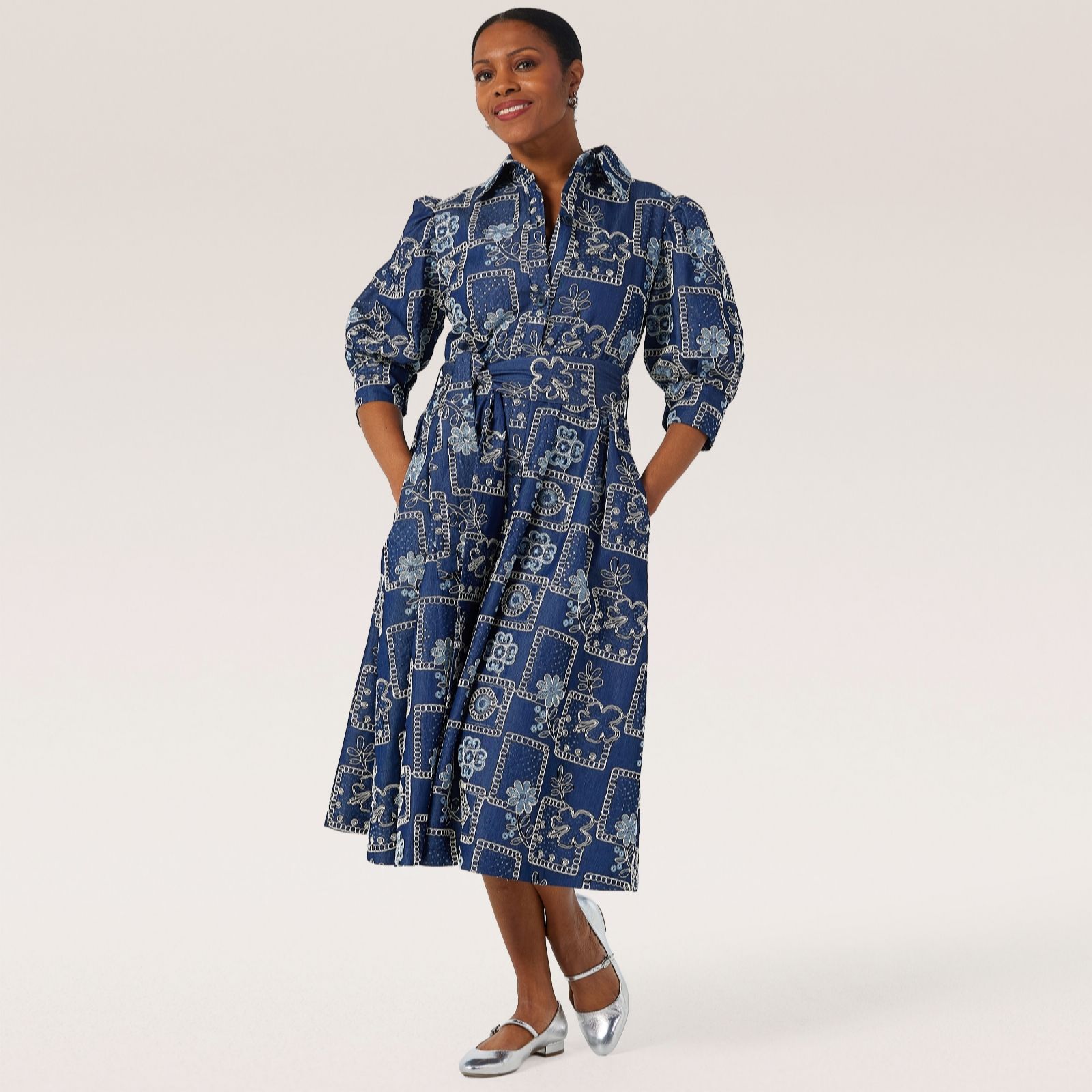 Helene Berman Dark Denim Embroidered Denim Shirt Dress With Puff Sleeve