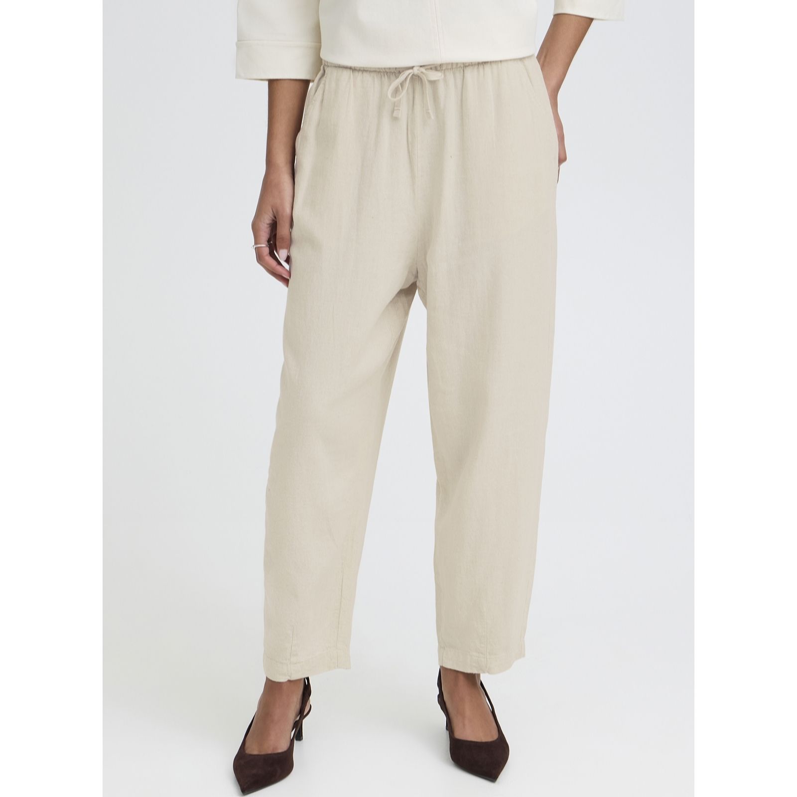 Ichi Animal Print Linno Linen Blend Barrel Leg Trousers