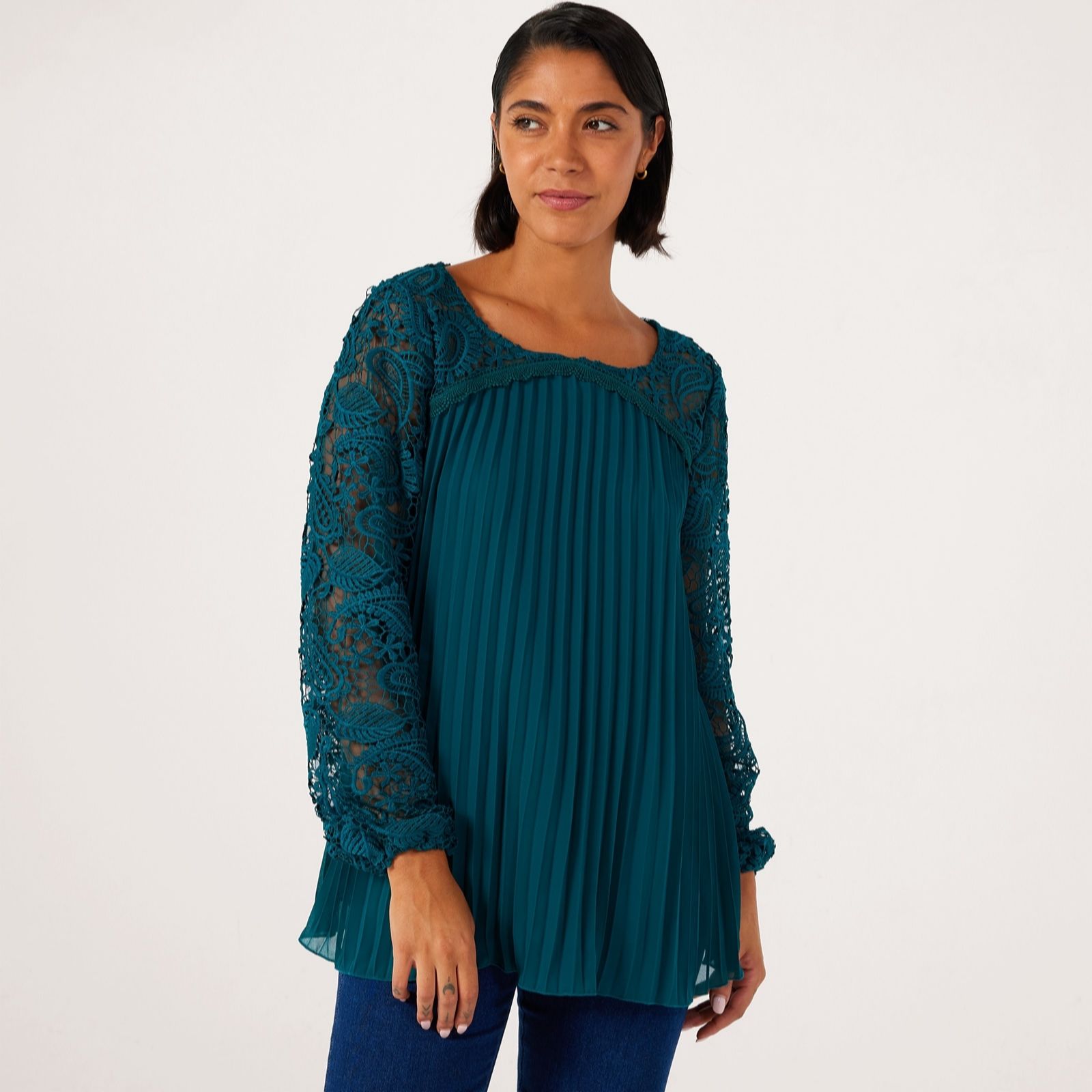 Nina Leonard Black Pleat Chiffon Tunic With Lace Yoke And Sleeves