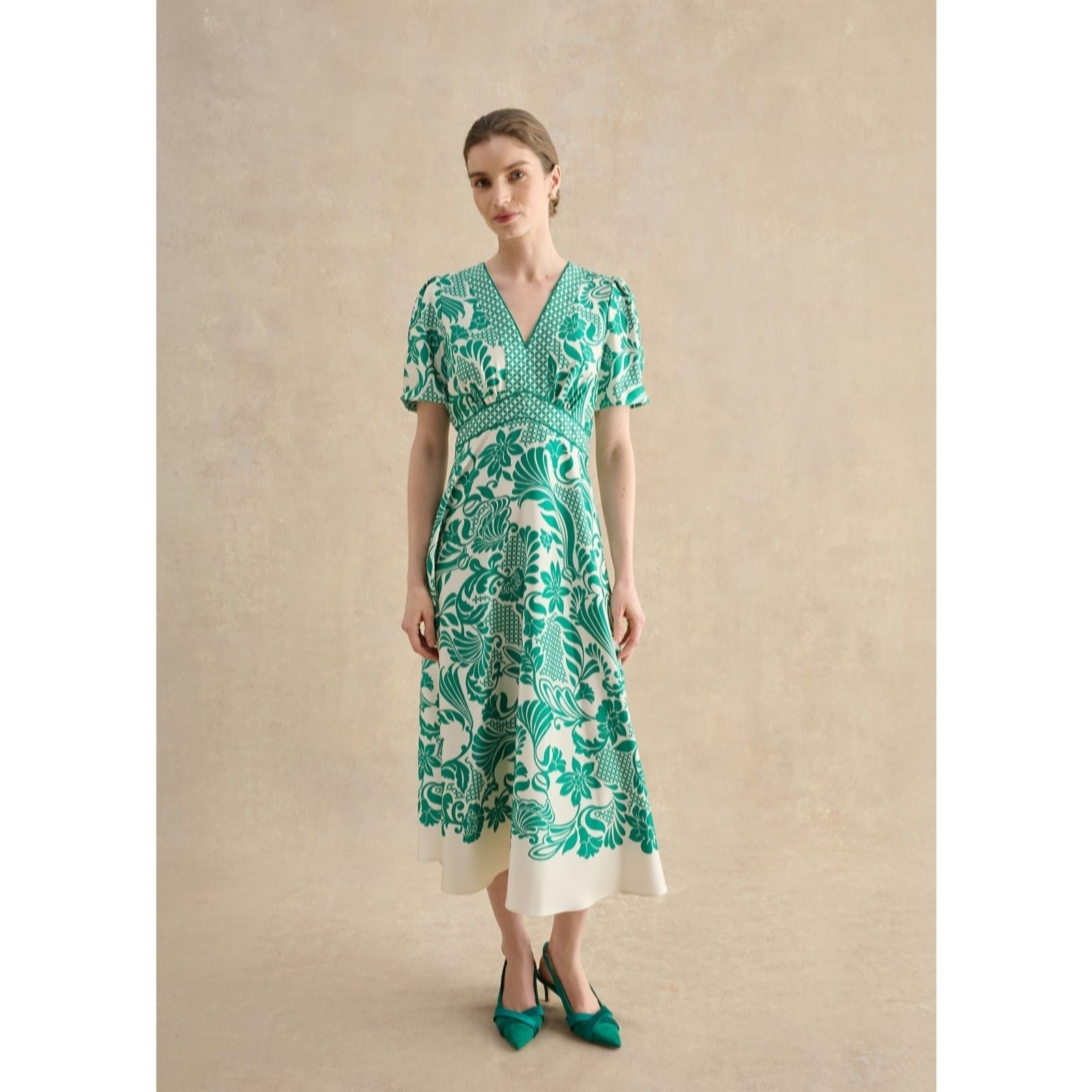 Hobbs London Green Cream Trelissick Satin Mix Dress Petite