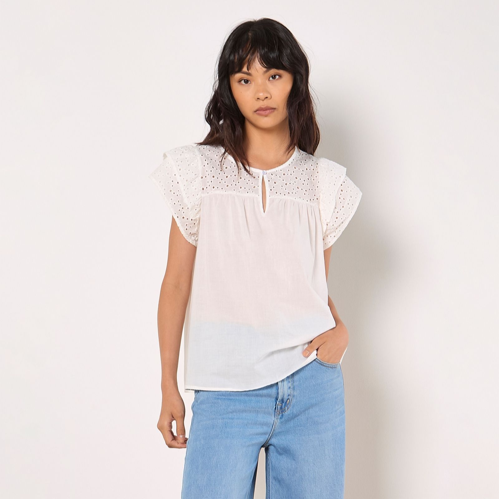 Apricot Broderie Yoke Cotton Mix Top women's