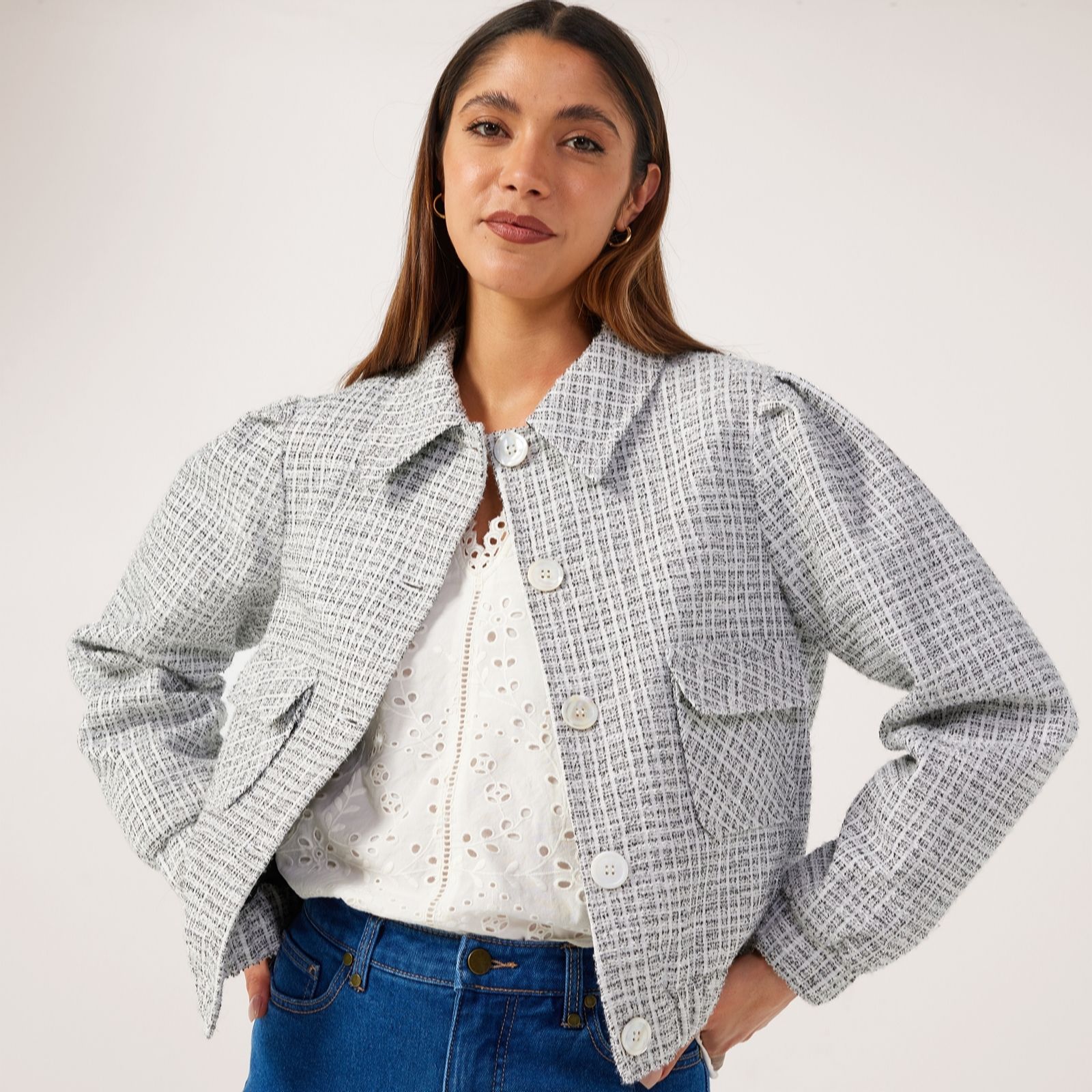 Helene Berman Black Tweed Jacket With Pearl Buttons