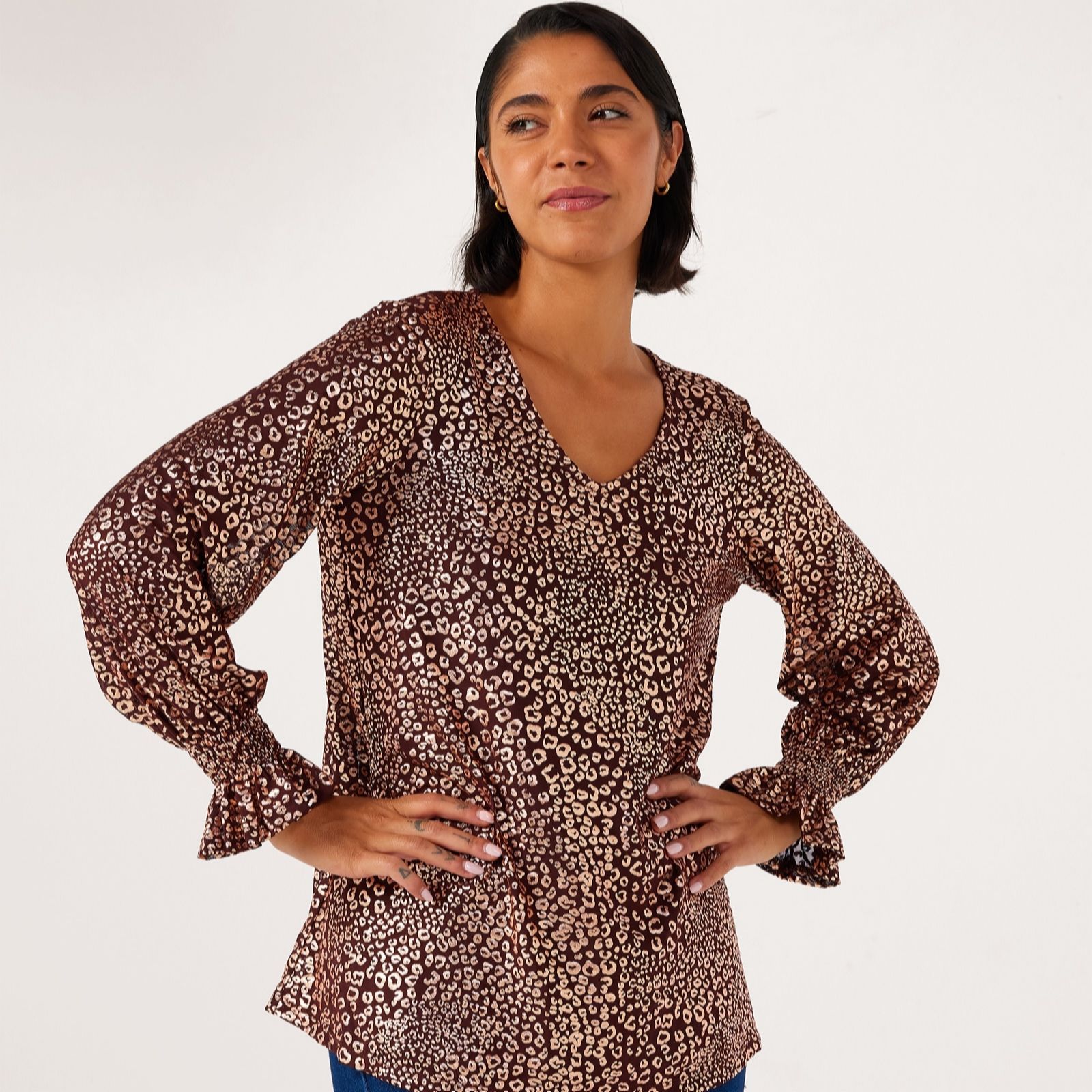 Nina Leonard Black,Gold Foil Print Tunic With Smocked Sleeves