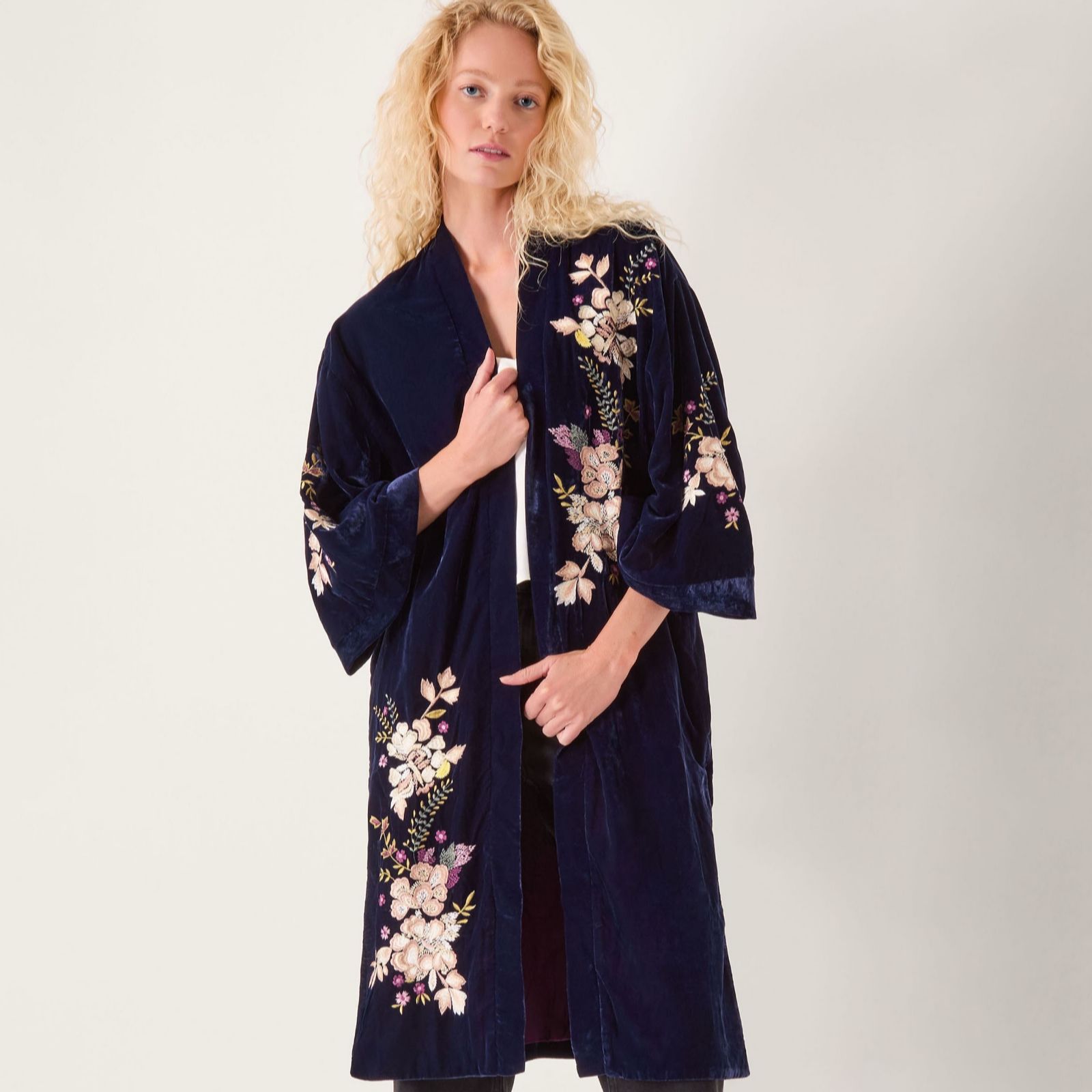 Monsoon Navy Fallon Embroidered Kimono