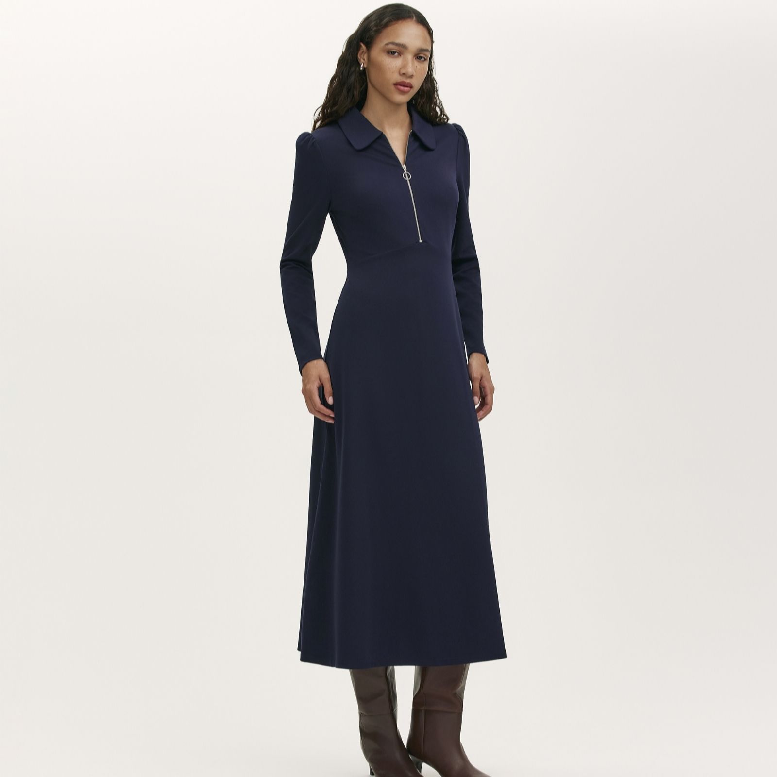 Finery Navy London Elvira Ponte Zip Collar Midi Fit And Flare Dress