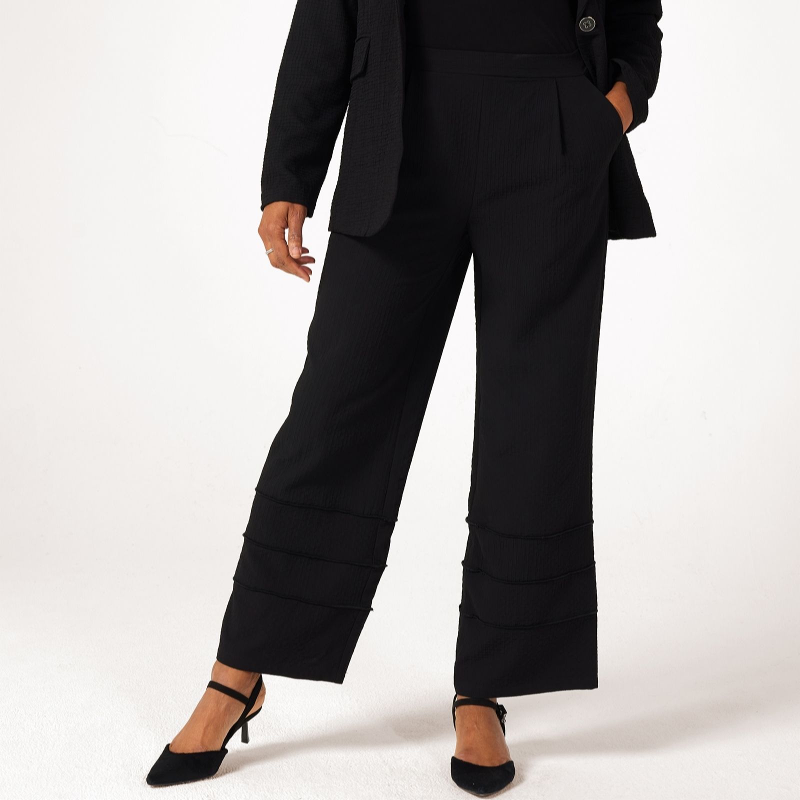 Nina Leonard Elasticated Waist Puckered Wide Leg Trousers With Hem...