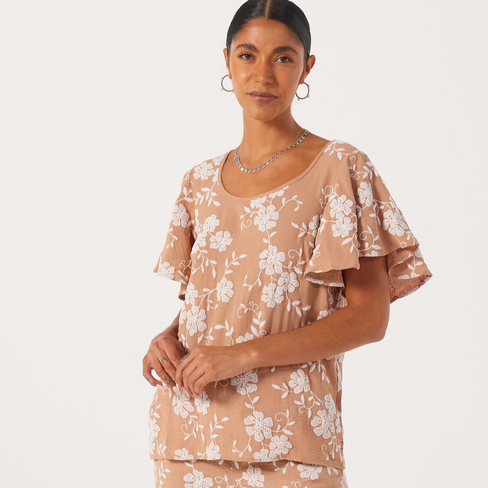 Nina Leonard Praline Linen Feel Printed Flutter Sleeve Tunic