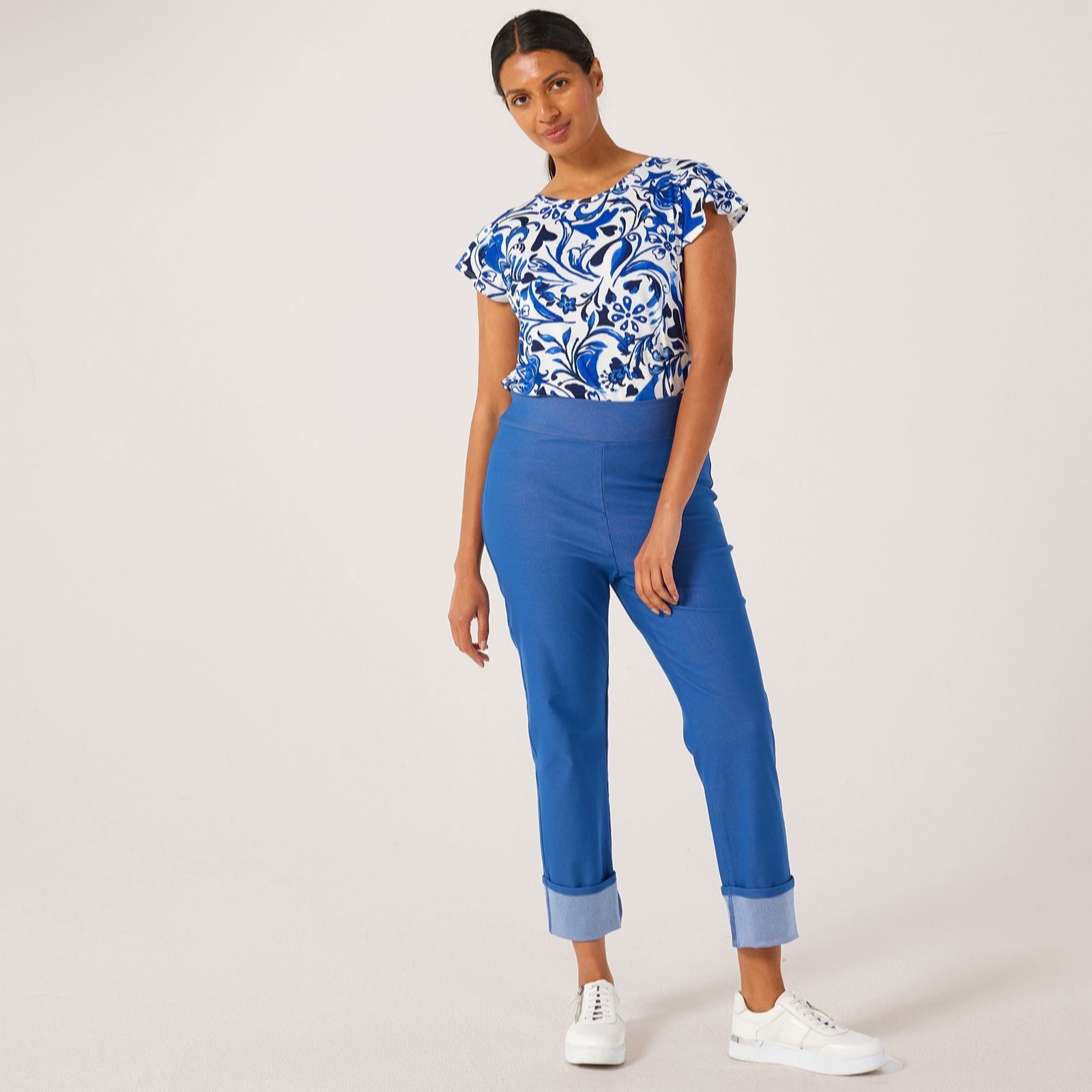 Kim & Co Deluxe Denim Knit Straight Cuffed Crop Petite Trousers women's