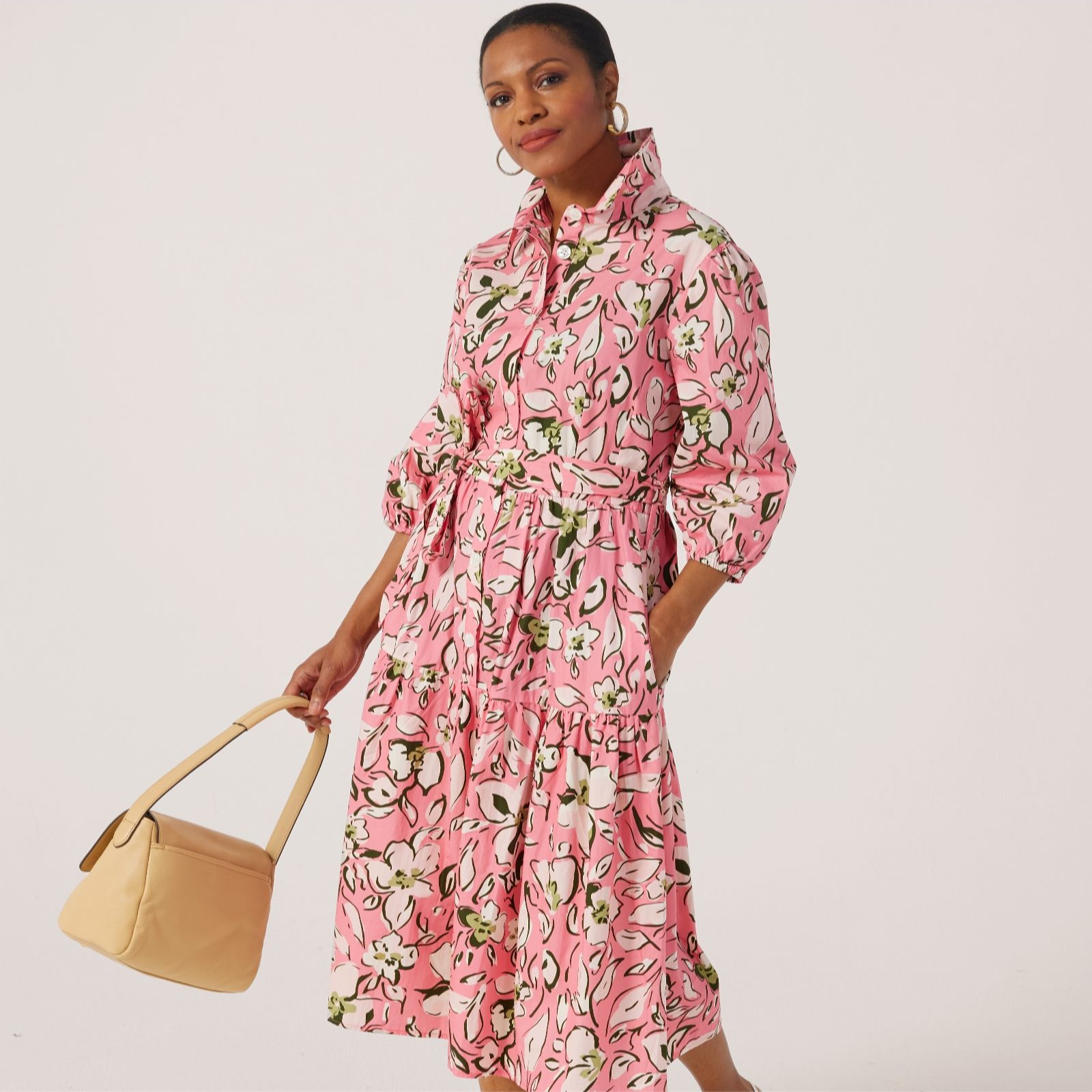 Helene Berman Cotton Poplin Printed Pink Floral Shirt Dress