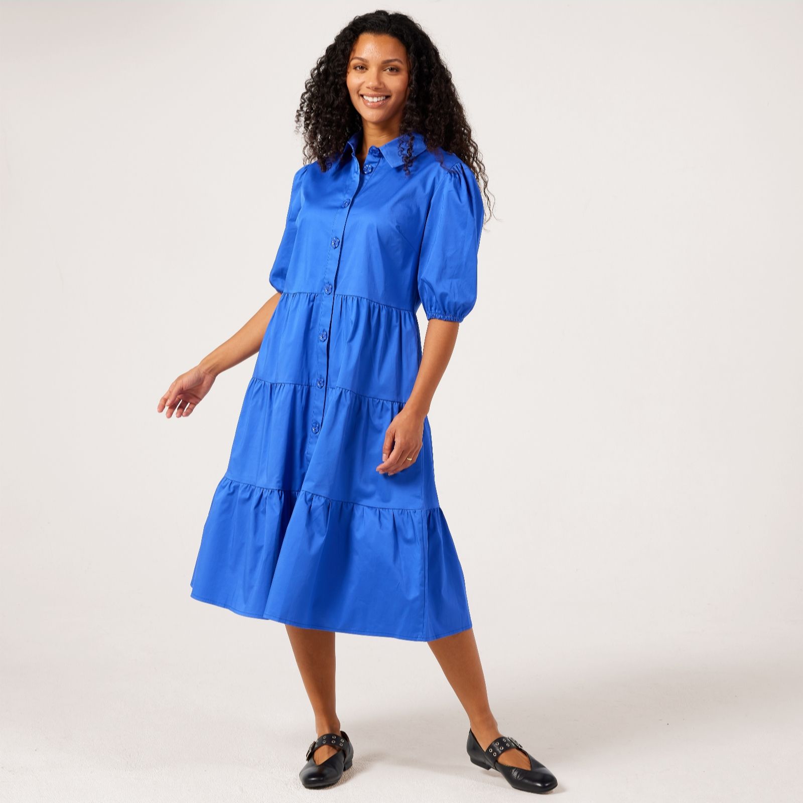 Helene Berman Blue Daisy Print Cotton Poplin Dress With Flower Buttons