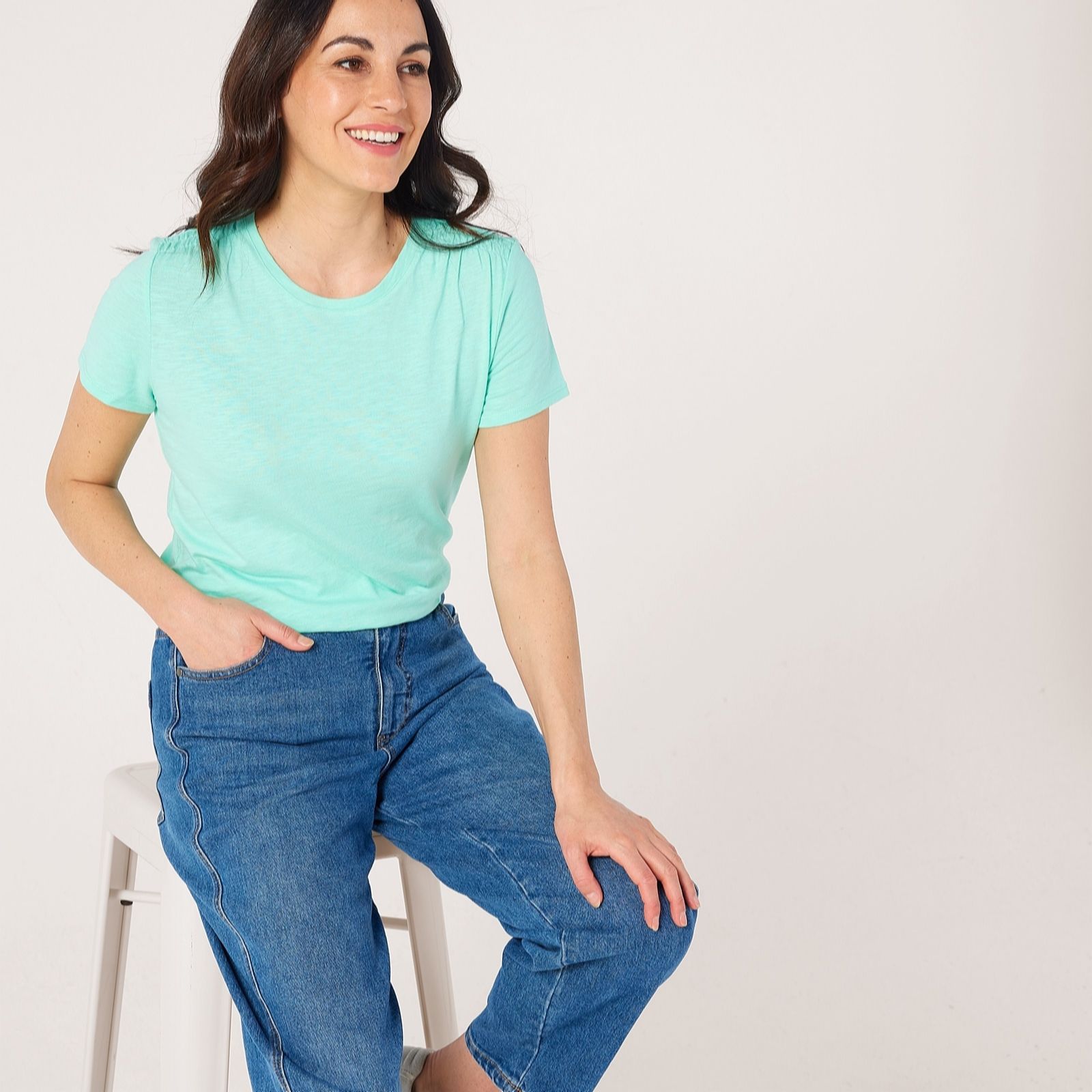 Denim & Co Linen Blend Short Sleeve Top With Ruching Detail women's