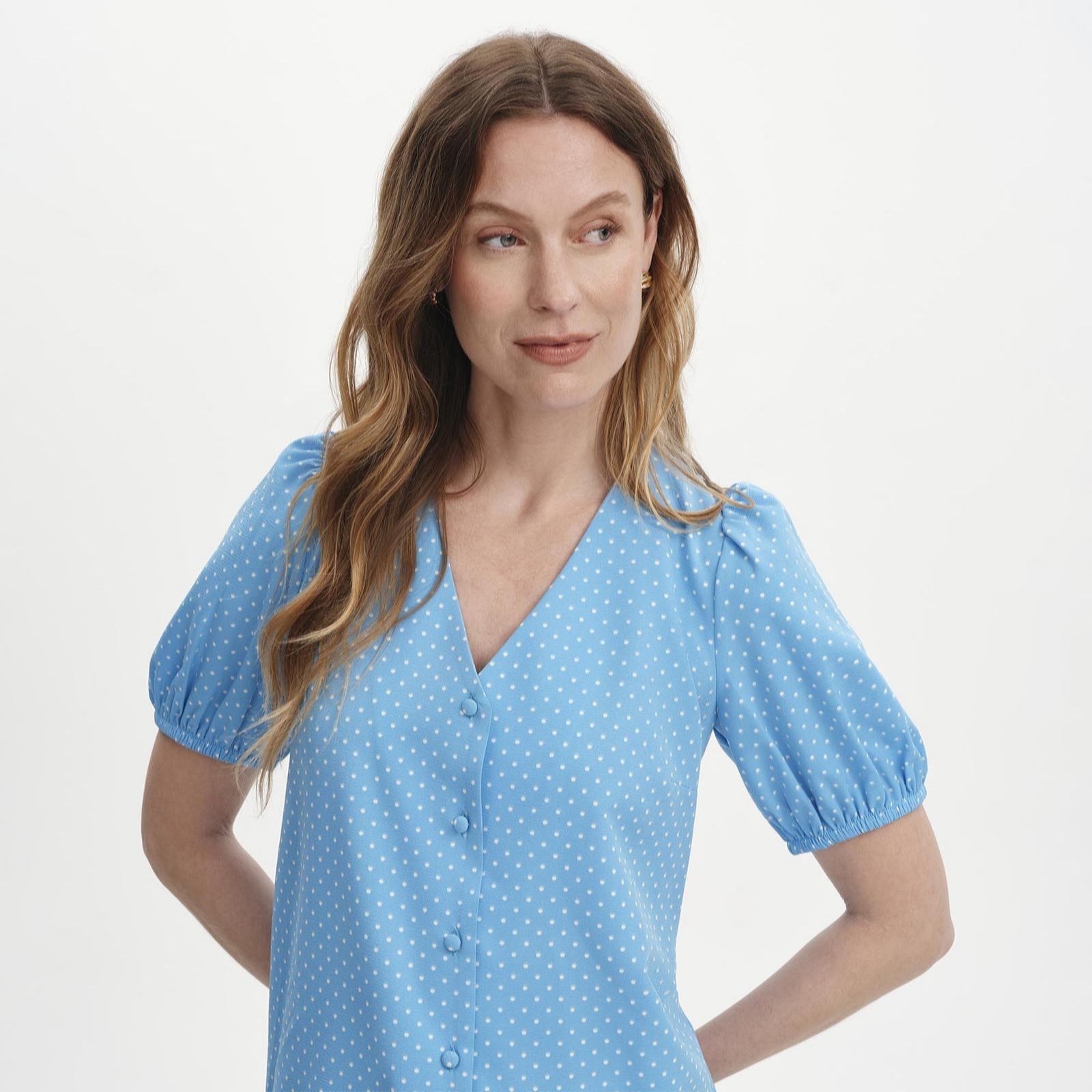 Finery London Fleur Polka Dot Puff Sleeve Button Through V-Neck Top women's