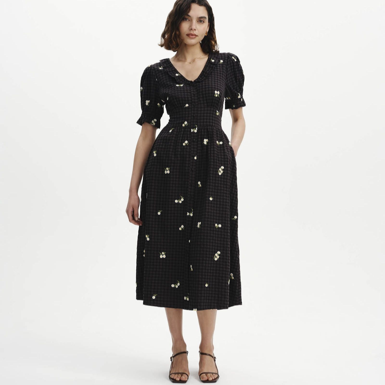 Finery Black London Aoife Cotton Seersucker Embroidered Floral Dress Stan...