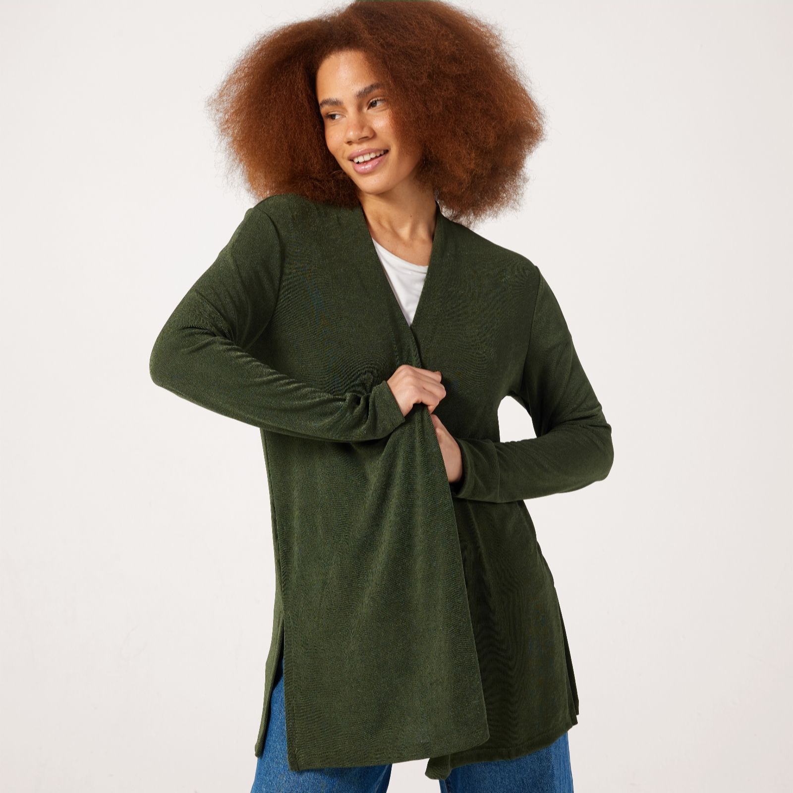 Kim & Co Deep Olive Poly Slinky Long Sleeve Cardigan With Side Slits