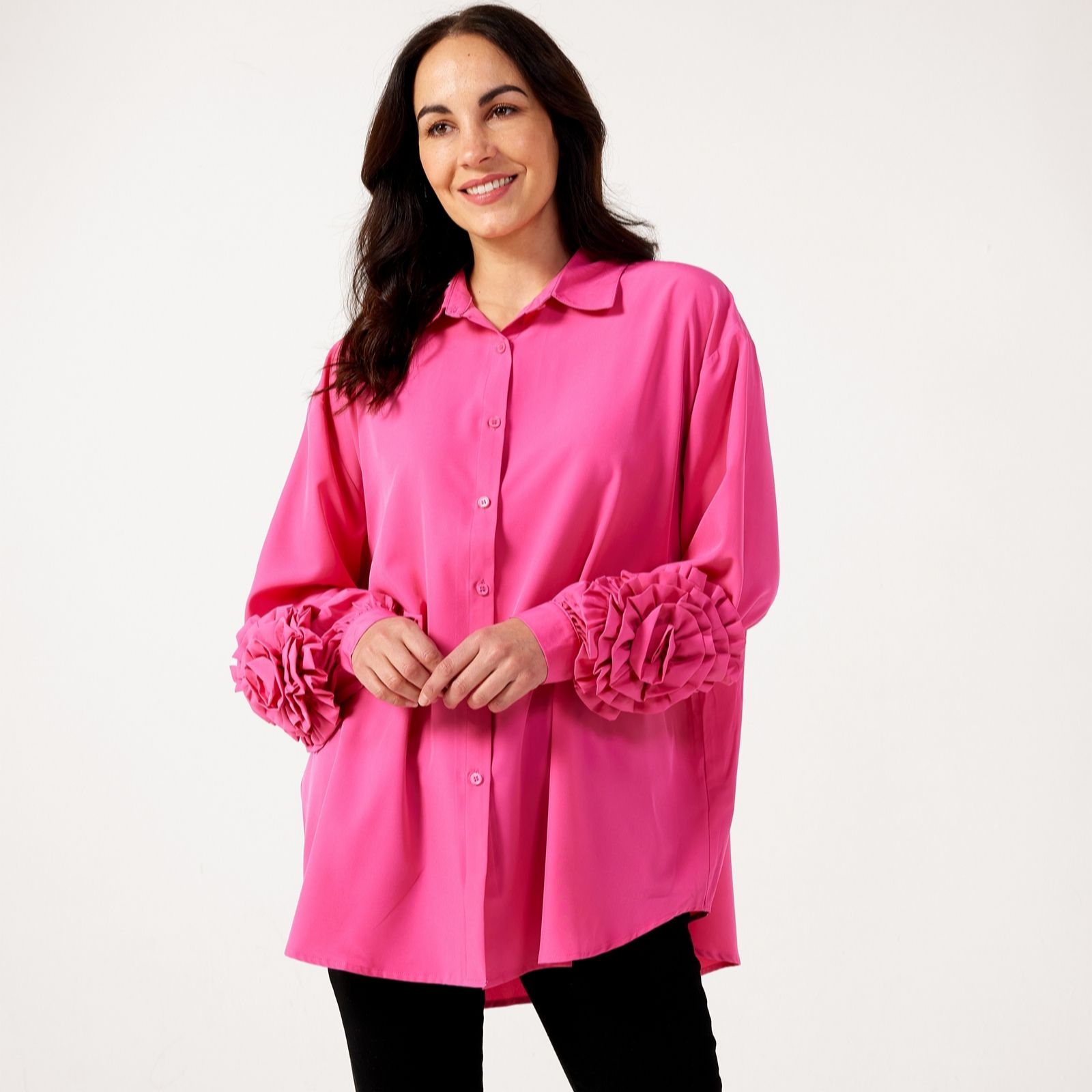 Malissa J Pleated Flower Applique On Sleeve Shirt