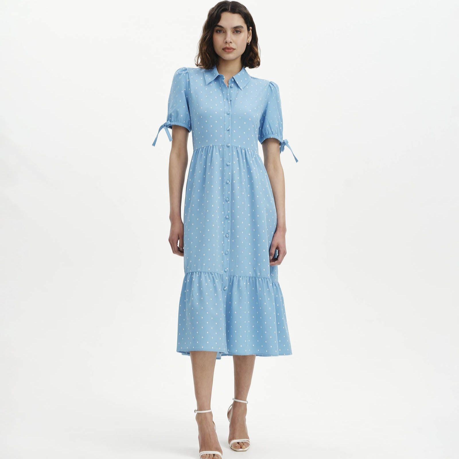 Finery London Spot Print Shirt Dress with Tie Sleeve Detail Petite women's