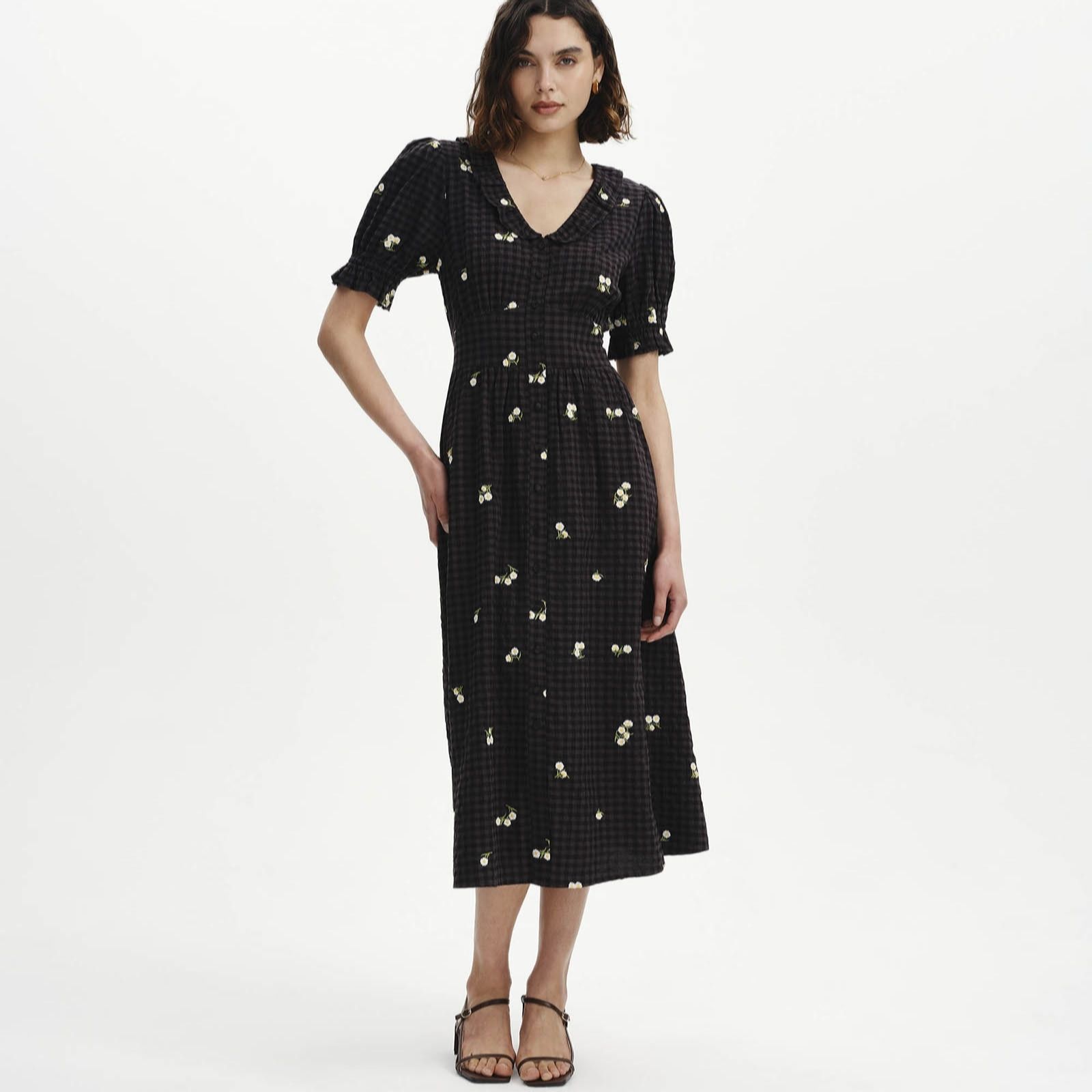 Finery London Aoife Cotton Seersucker Embroidered Floral Dress Petite women's