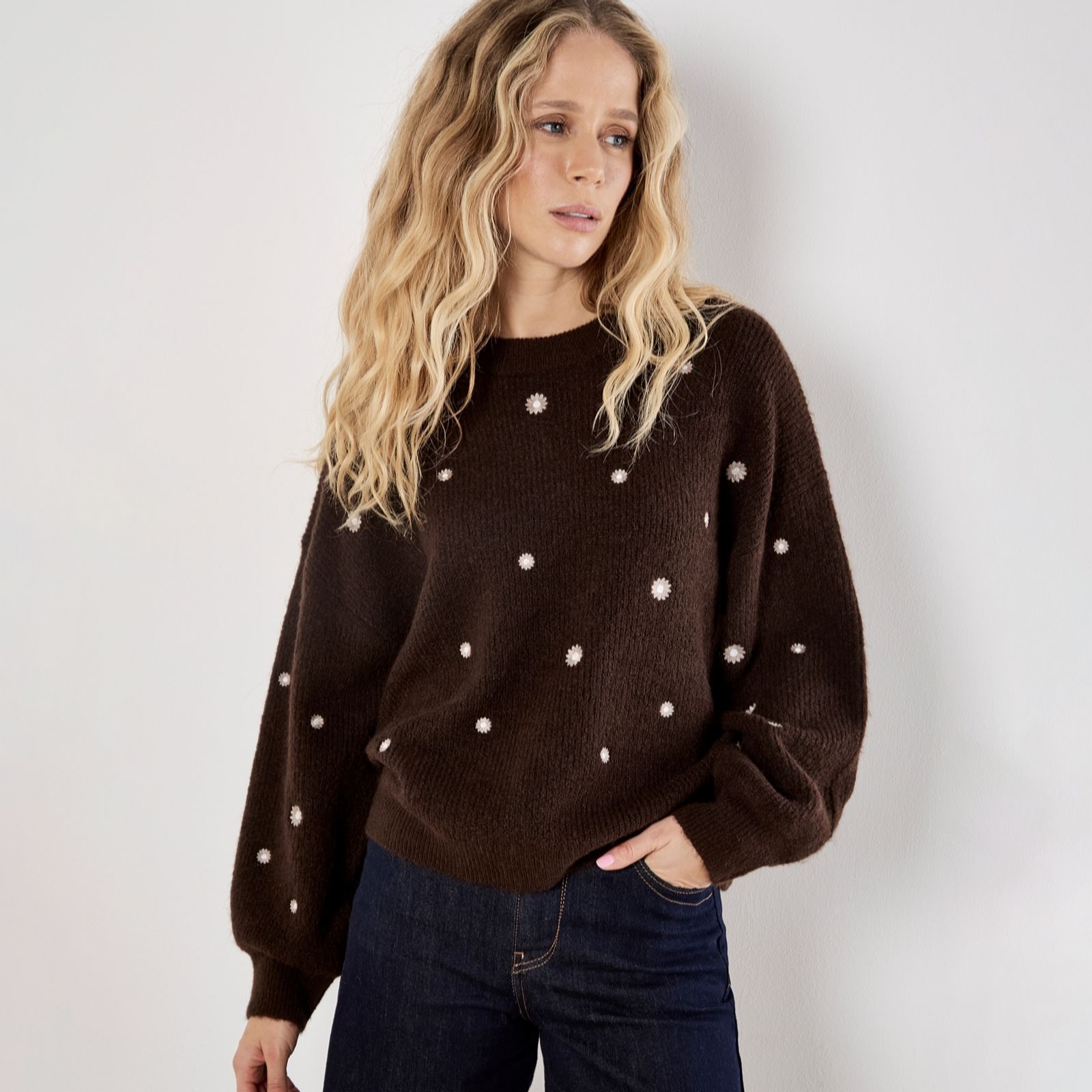 Apricot Stone Daisy Embroidered Ribbed Jumper