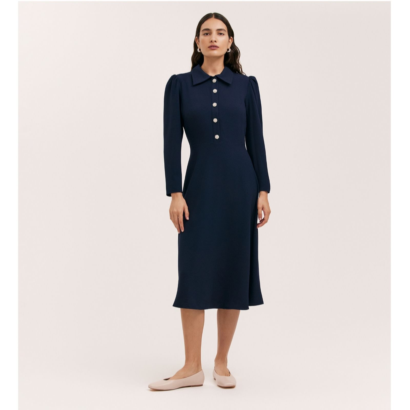 Finery London Lucie Rich Crepe Dress with Pearl Buttons women's